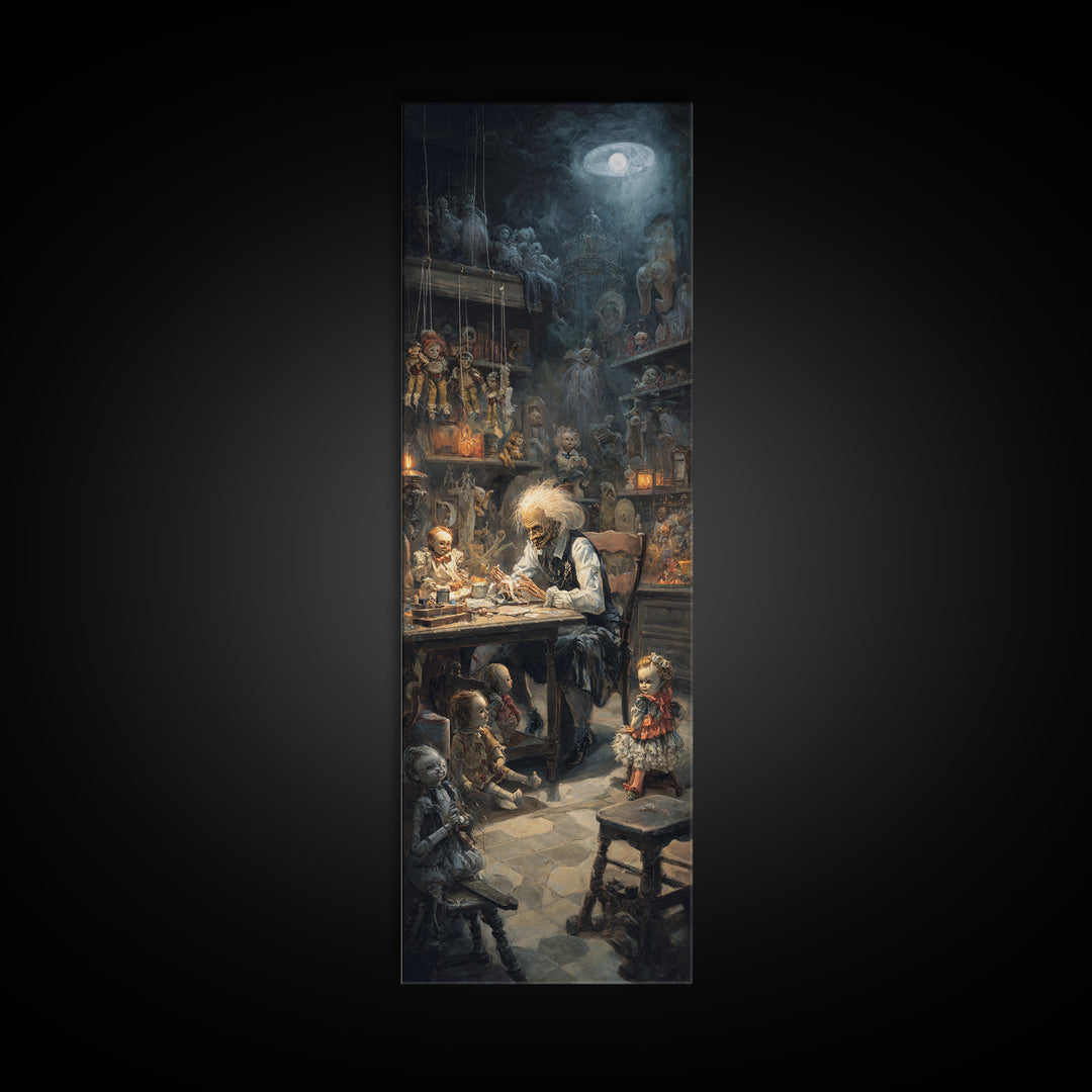 The Dollmaker Of Hollow Ward, Tall Narrow Wall Art, Dark Halloween Decor, Canvas Print, Halloween Wall Decor, Gothic Home Decor
