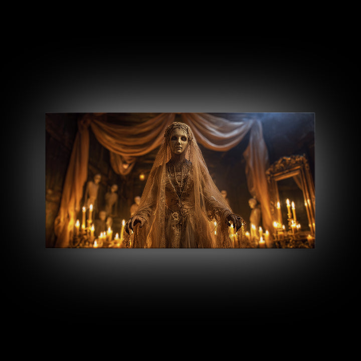 The Wax Bride Of Mourning Hall, Wide Panoramic Art, Macabre Wall Art, Framed Canvas Print, Halloween Wall Decor, Gothic Home Decor