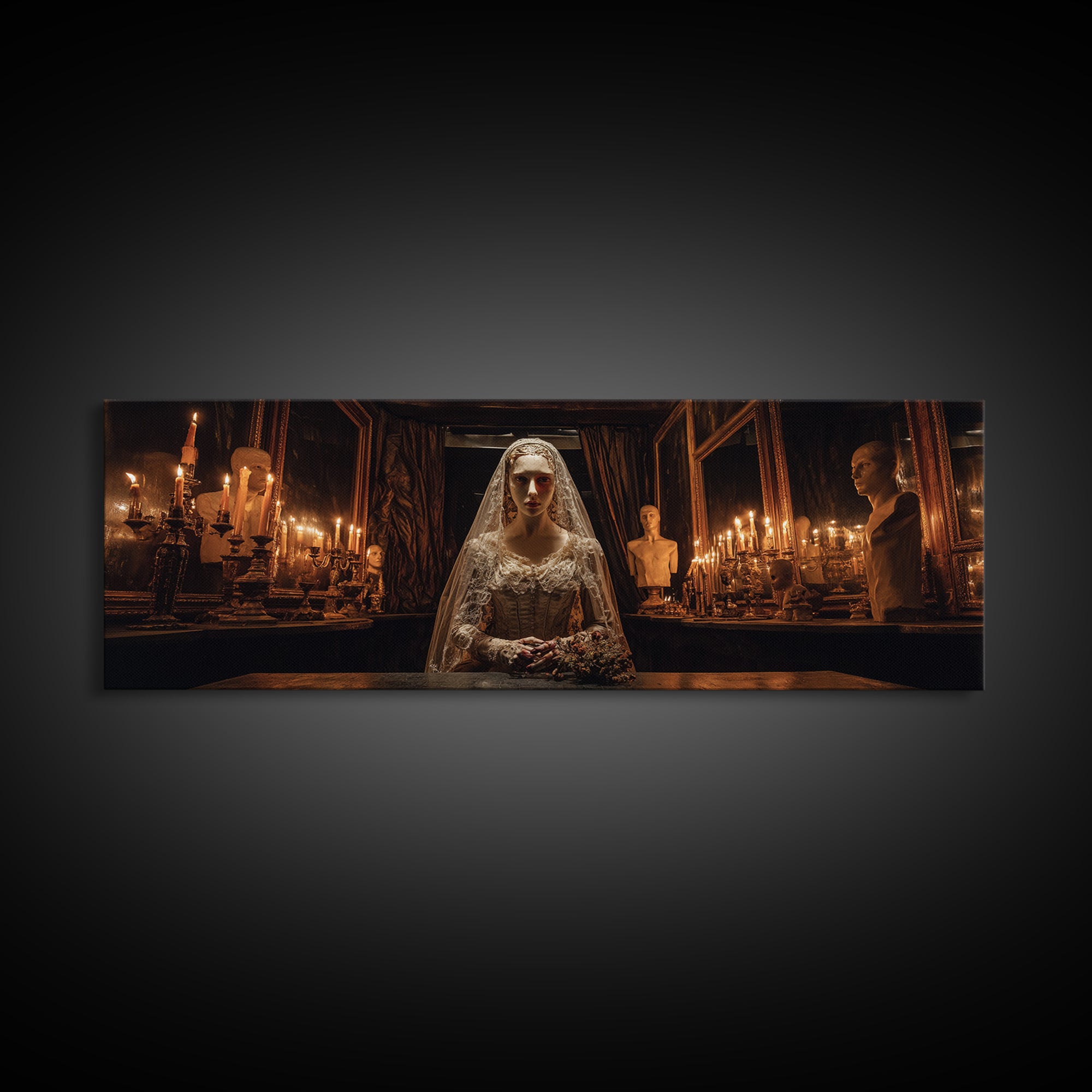 The Wax Bride Of Mourning Hall, Extra Wide Wall Art, Gothic Horror Wall Art, Framed Canvas Print, Halloween Wall Decor, Gothic Home Decor