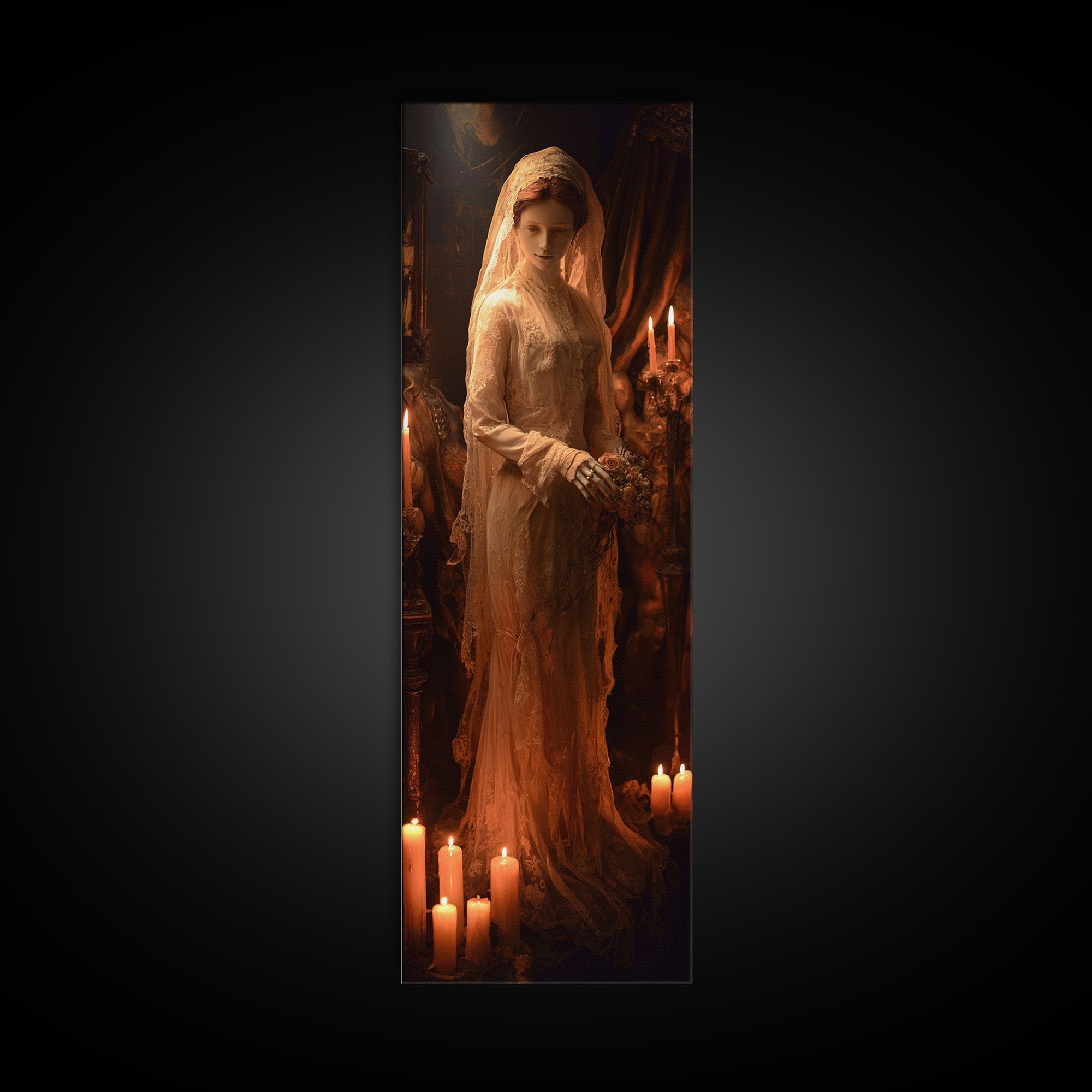 The Wax Bride Of Mourning Hall, Tall Narrow Wall Art, Macabre Wall Art, Framed Canvas Print, Halloween Wall Decor, Gothic Home Decor