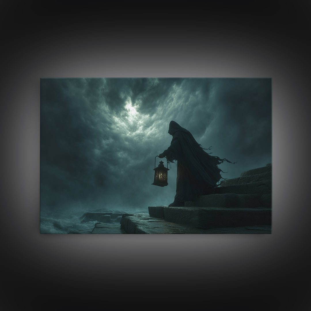 The Lantern-Bearer Of R’Lyeh, Landscape Wall Art, Spooky Home Decor, Framed Canvas Print, Halloween Wall Decor, Gothic Home Decor