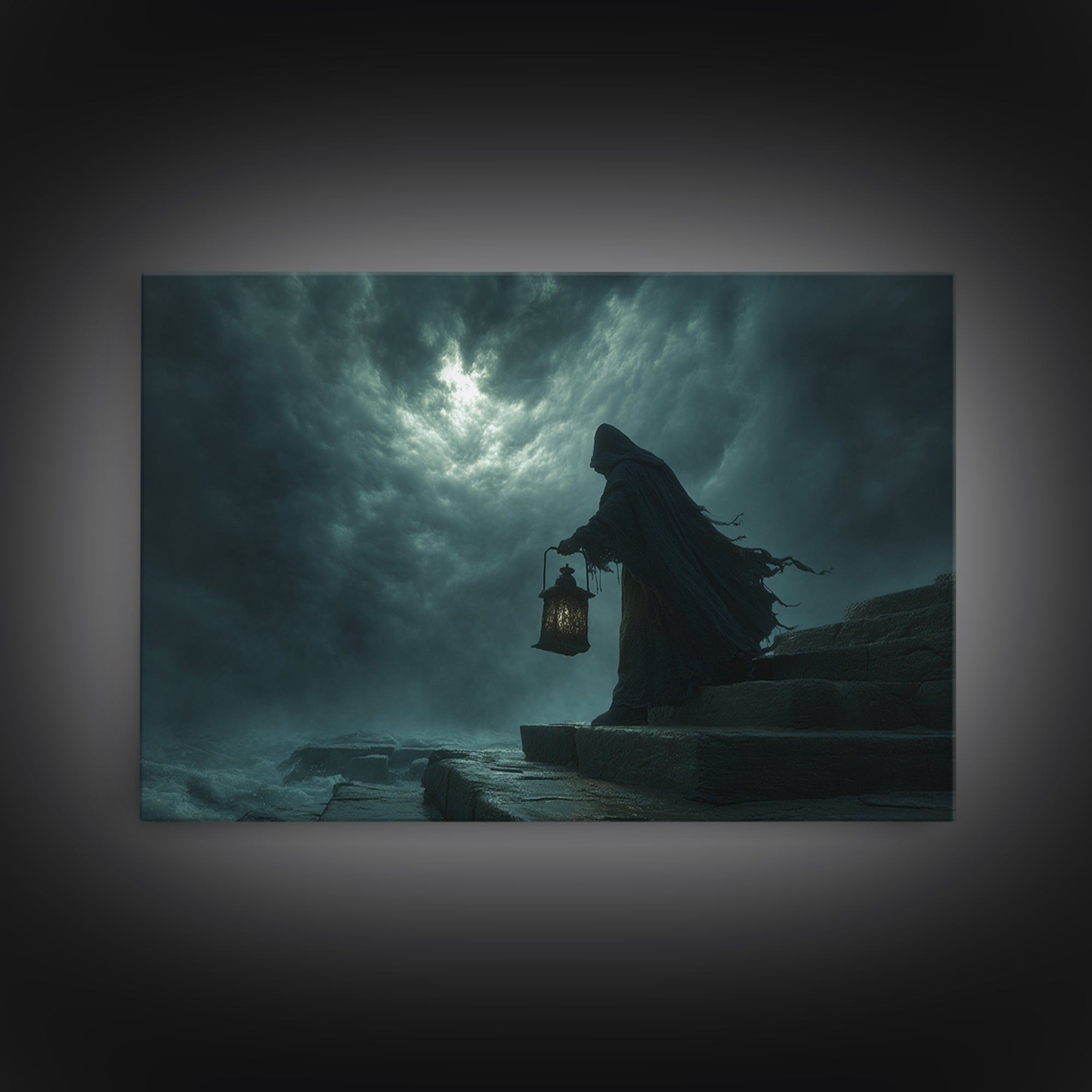 The Lantern-Bearer Of R’Lyeh, Landscape Wall Art, Spooky Home Decor, Framed Canvas Print, Halloween Wall Decor, Gothic Home Decor