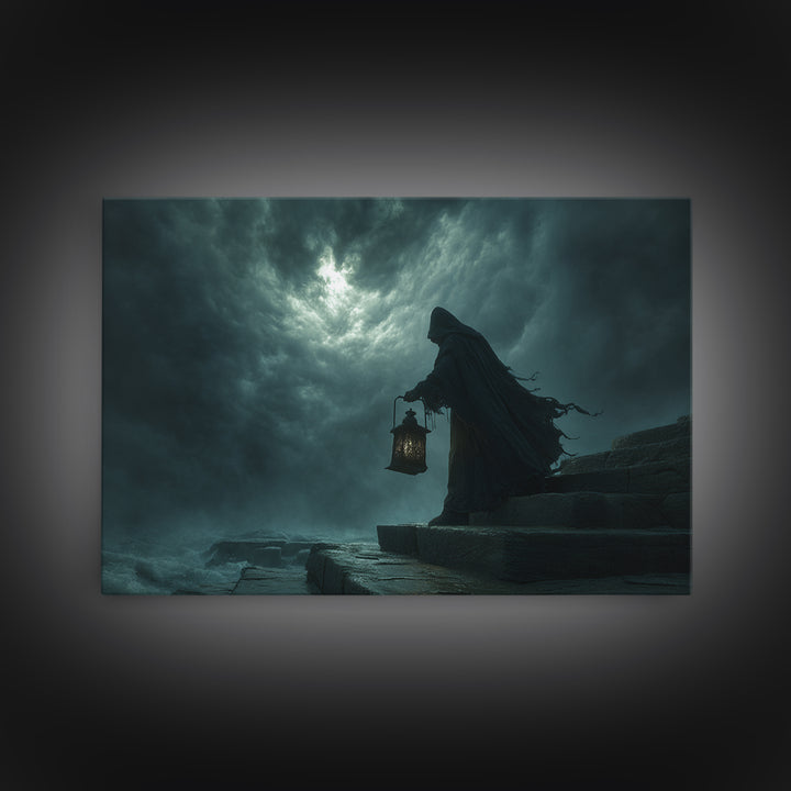 The Lantern-Bearer Of R’Lyeh, Landscape Wall Art, Spooky Home Decor, Framed Canvas Print, Halloween Wall Decor, Gothic Home Decor