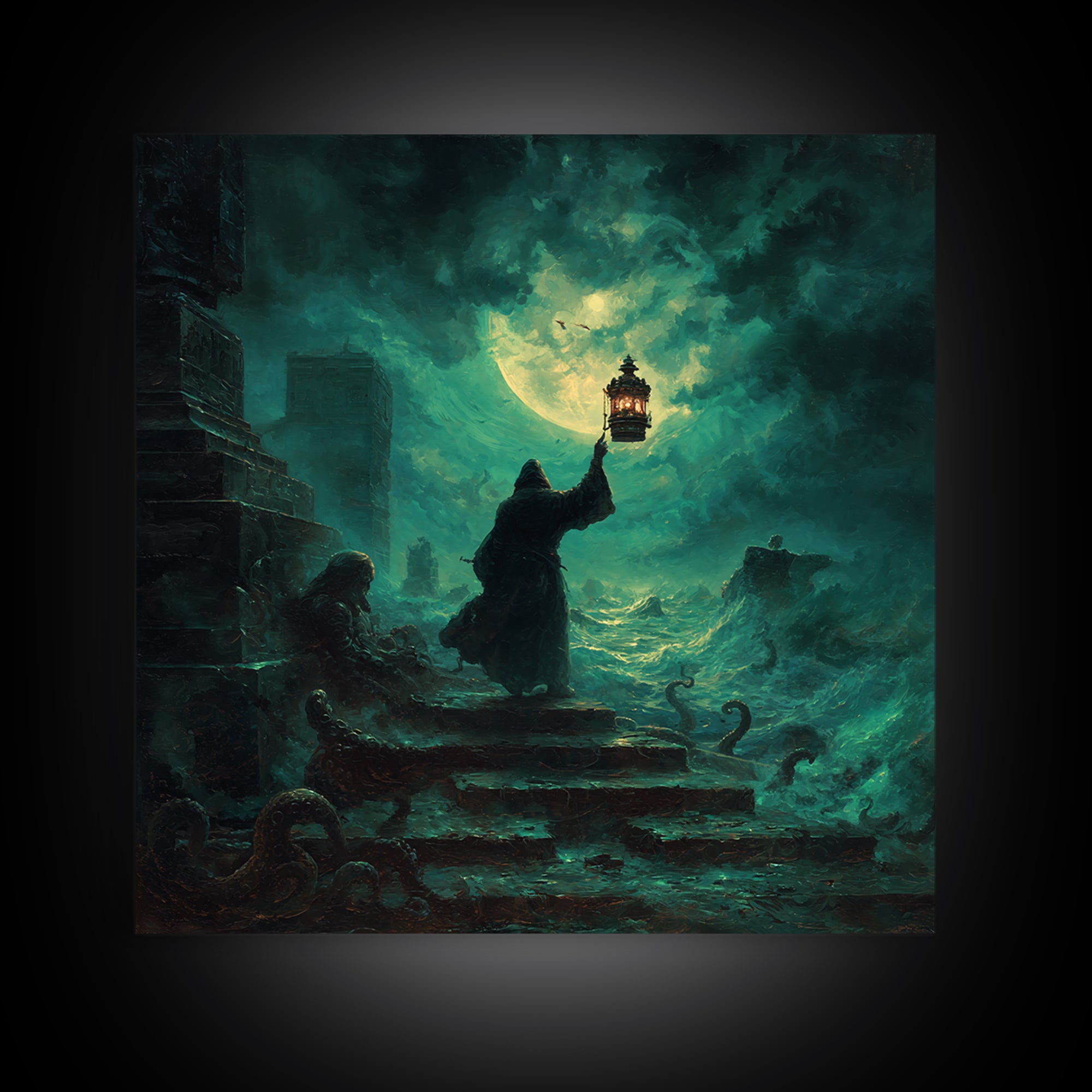 The Lantern-Bearer Of R’Lyeh, Square Wall Art, Spooky Home Decor, Framed Canvas Print, Halloween Wall Decor, Gothic Home Decor