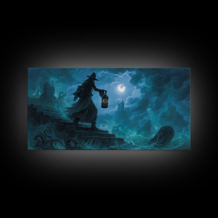 The Lantern-Bearer Of R’Lyeh, Wide Panoramic Art, Lovecraftian Horror Art, Canvas Print, Halloween Wall Decor, Gothic Home Decor