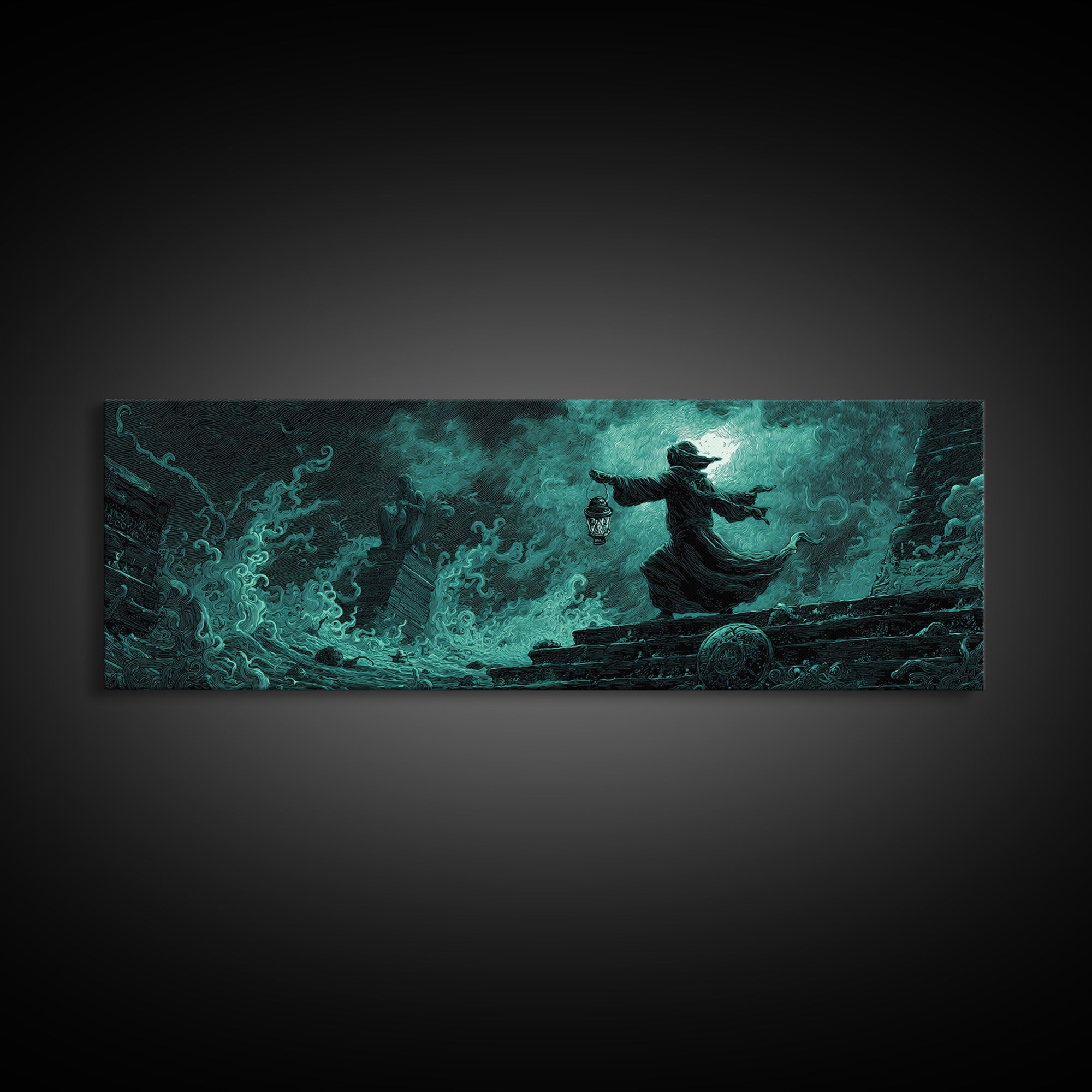 The Lantern-Bearer Of R’Lyeh, Extra Wide Wall Art, Eldritch Gothic Decor, Framed Canvas Print, Halloween Wall Decor, Gothic Home Decor