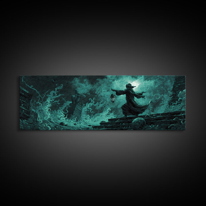 The Lantern-Bearer Of R’Lyeh, Extra Wide Wall Art, Eldritch Gothic Decor, Framed Canvas Print, Halloween Wall Decor, Gothic Home Decor