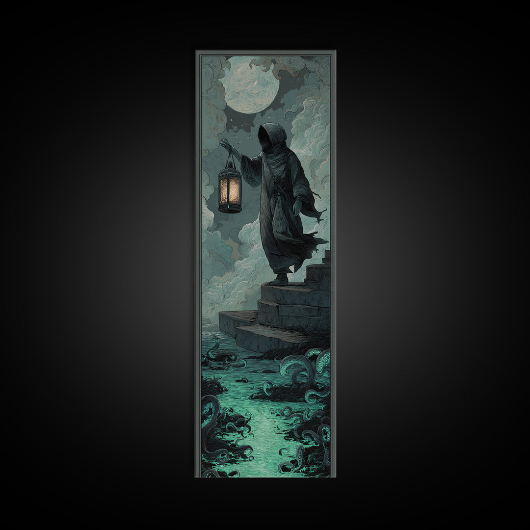 The Lantern-Bearer Of R’Lyeh, Tall Narrow Wall Art, Gothic Horror Wall Art, Framed Canvas Print, Halloween Wall Decor, Gothic Home Decor