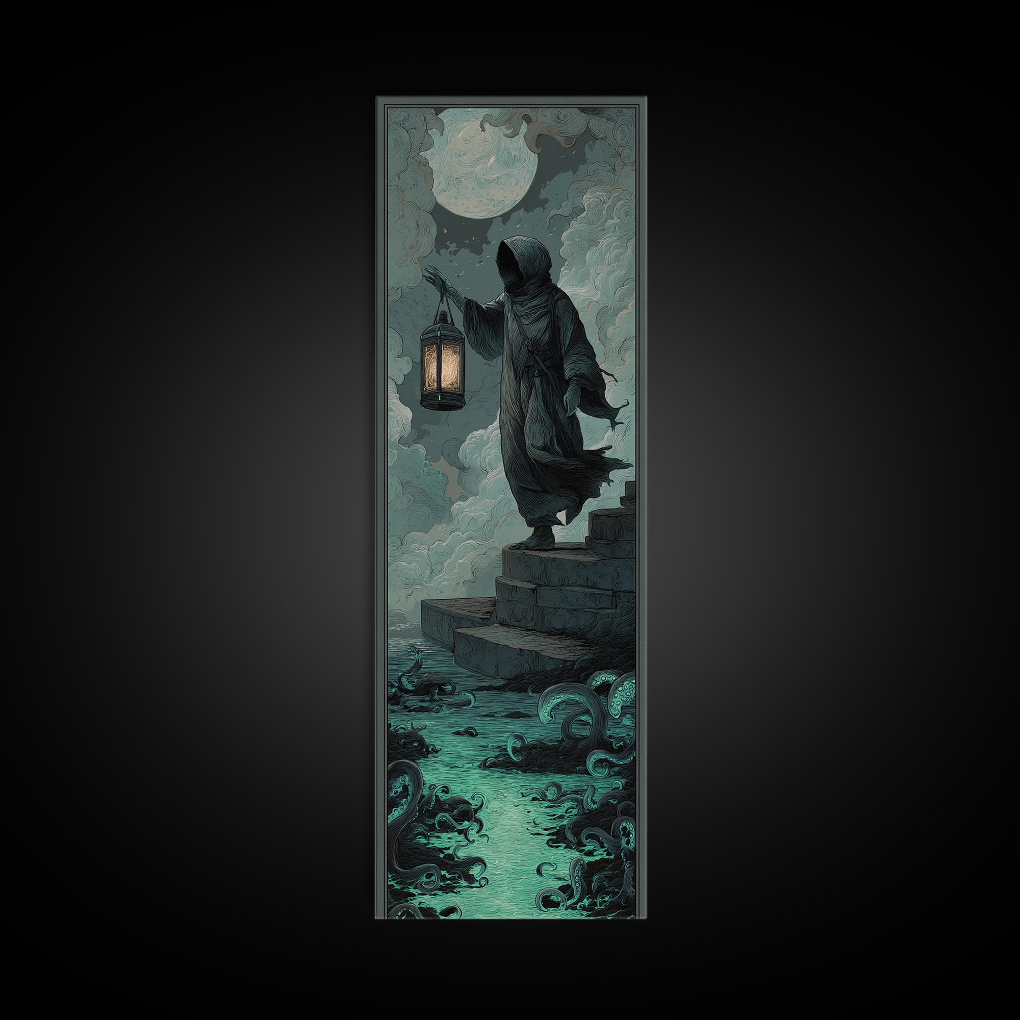 The Lantern-Bearer Of R’Lyeh, Tall Narrow Wall Art, Gothic Horror Wall Art, Framed Canvas Print, Halloween Wall Decor, Gothic Home Decor