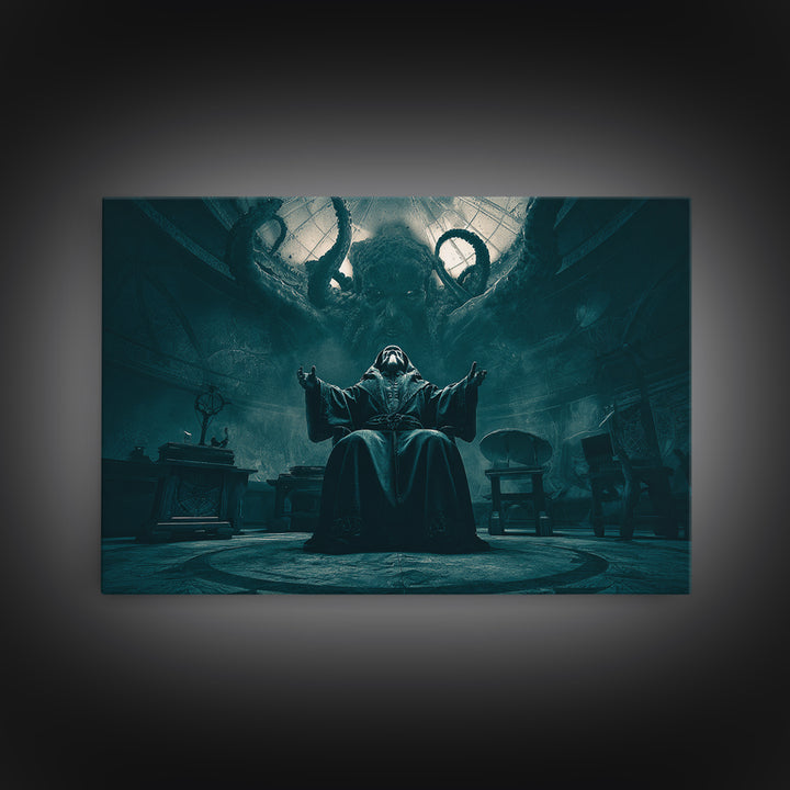 The Dreaming Priest Of The Outer Gate, Landscape Wall Art, Lovecraftian Horror Art, Canvas Print, Halloween Wall Decor, Gothic Home Decor