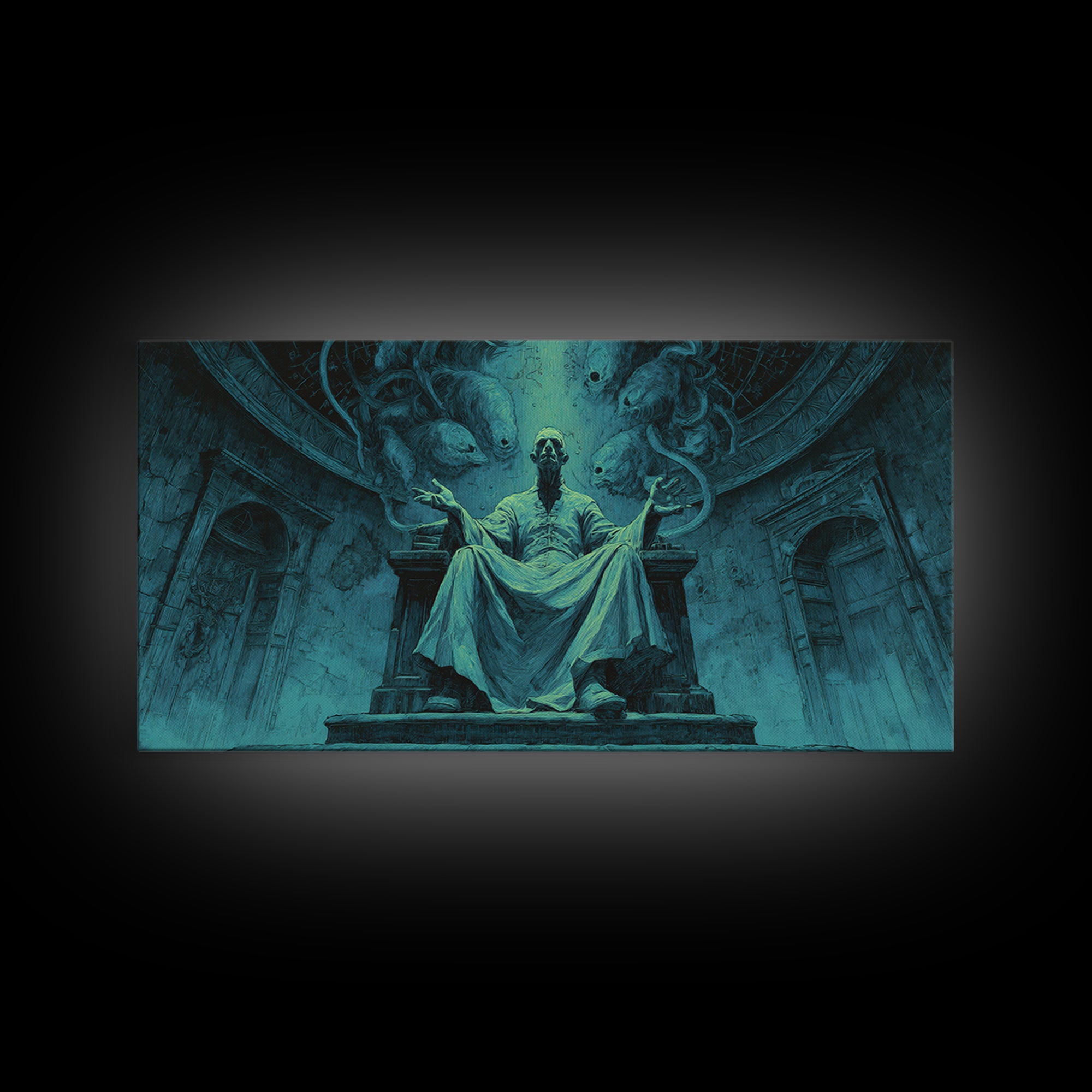 The Dreaming Priest Of The Outer Gate, Wide Panoramic Art, Gothic Horror Wall Art, Framed Canvas Print, Halloween Wall Decor