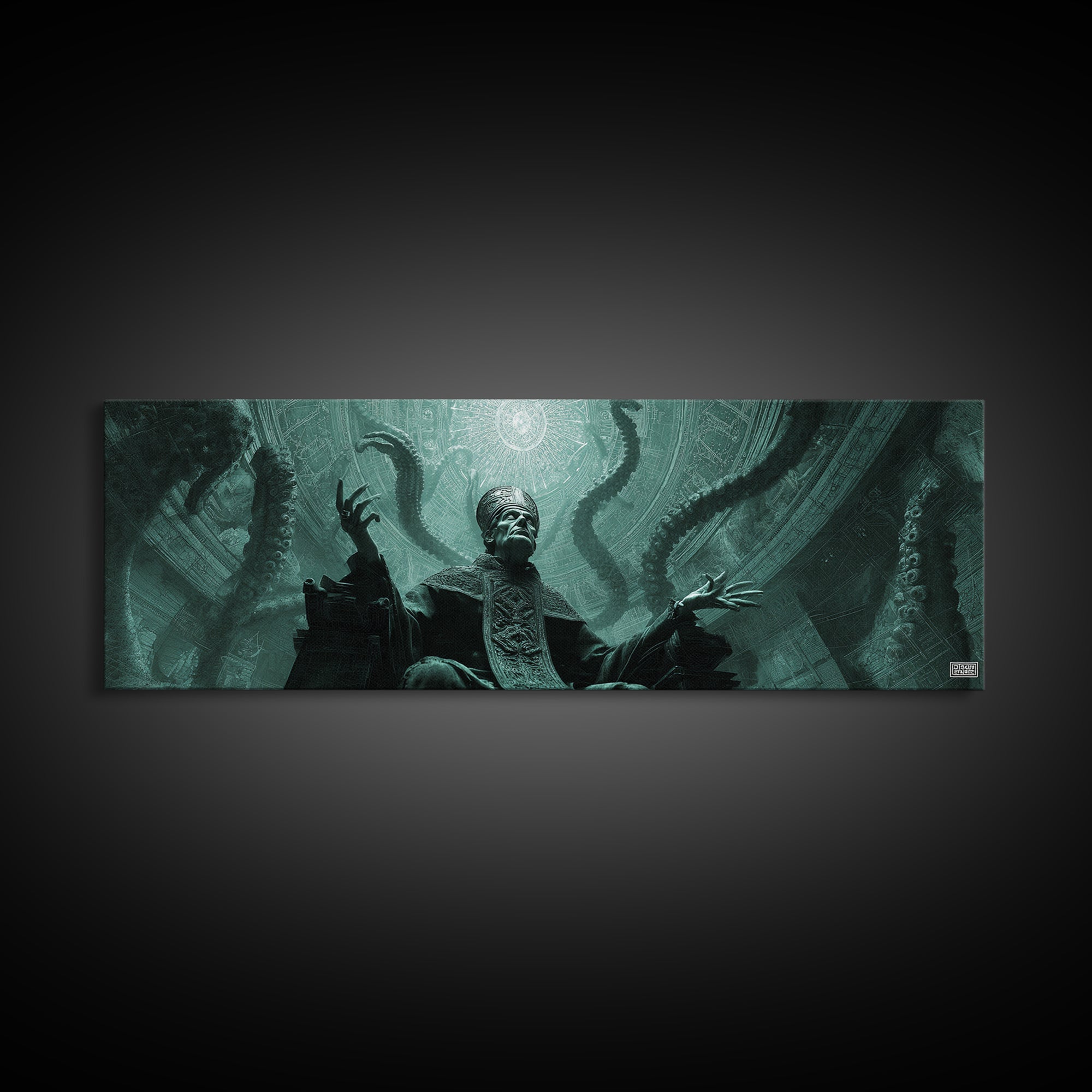 The Dreaming Priest Of The Outer Gate, Extra Wide Wall Art, Cosmic Horror Wall Art, Framed Canvas Print, Halloween Wall Decor