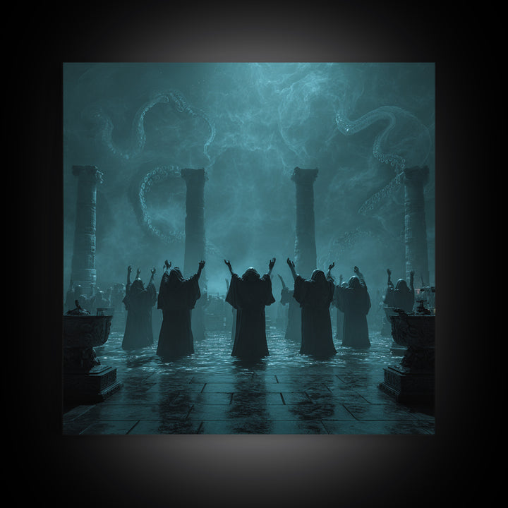 The Choir Of Deepwater Acolytes, Square Wall Art, Dark Fantasy Wall Art, Framed Canvas Print, Halloween Wall Decor, Gothic Home Decor