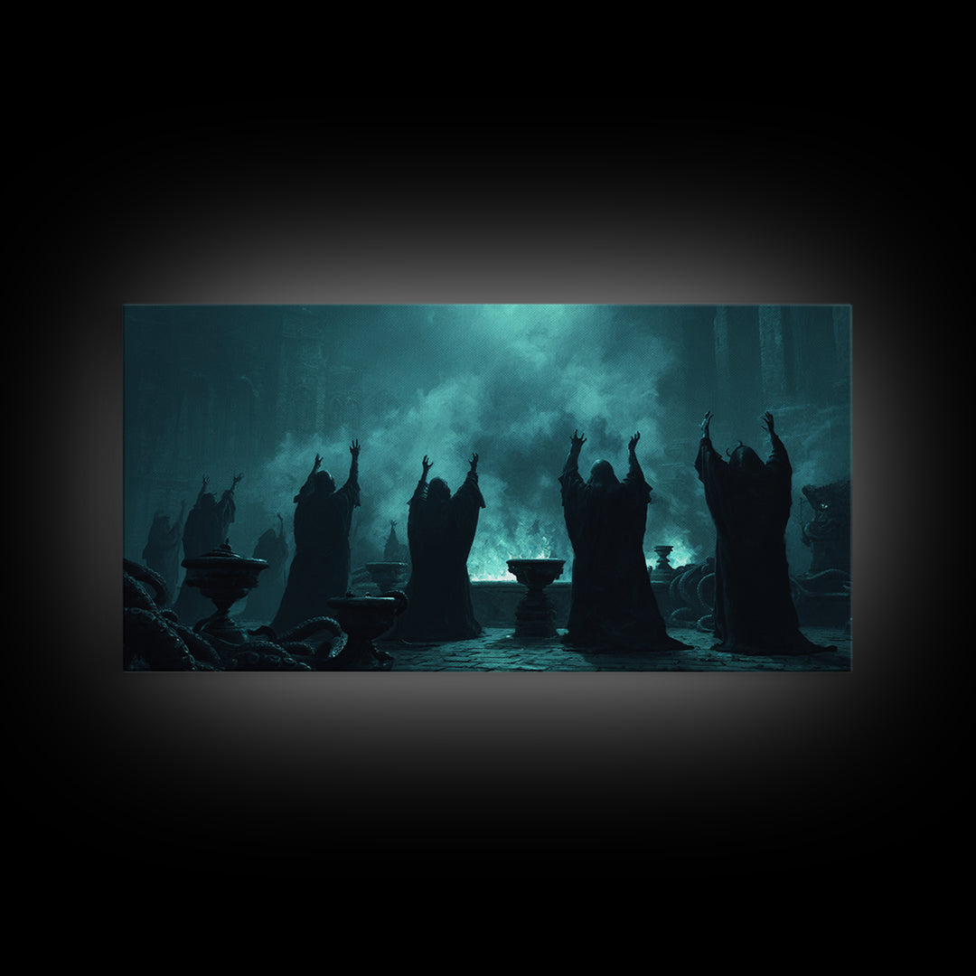 The Choir Of Deepwater Acolytes, Wide Panoramic Art, Dark Fantasy Wall Art, Canvas Print, Halloween Wall Decor, Gothic Home Decor