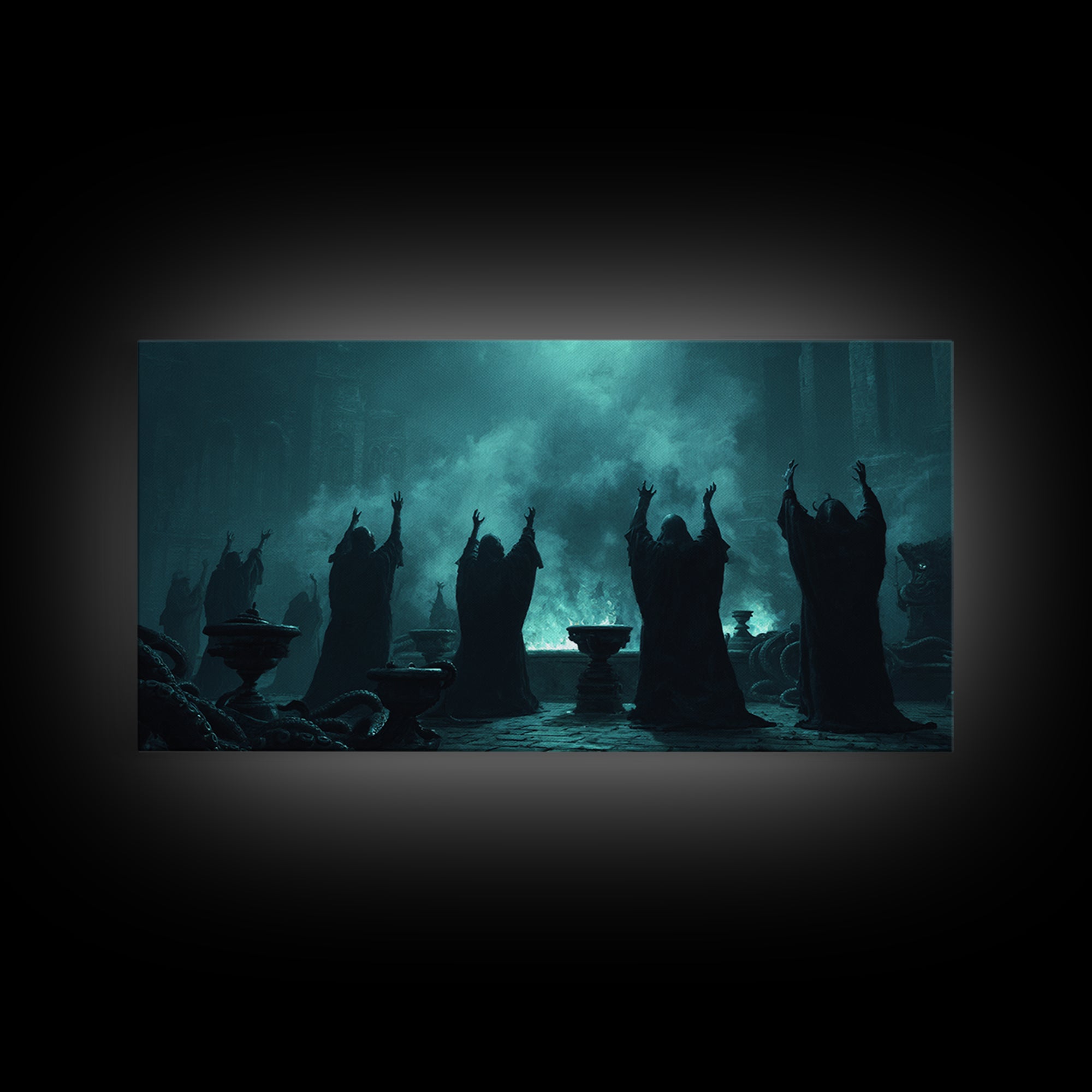 The Choir Of Deepwater Acolytes, Wide Panoramic Art, Dark Fantasy Wall Art, Canvas Print, Halloween Wall Decor, Gothic Home Decor