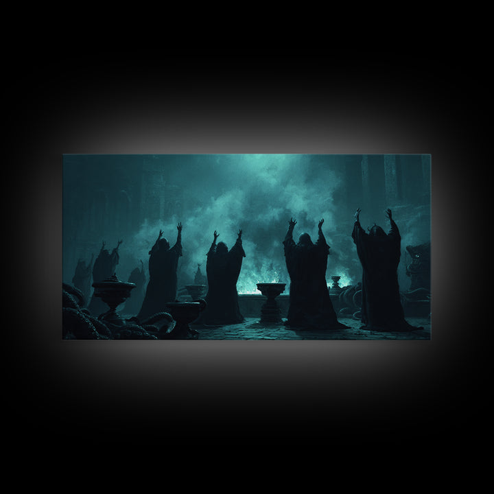 The Choir Of Deepwater Acolytes, Wide Panoramic Art, Dark Fantasy Wall Art, Canvas Print, Halloween Wall Decor, Gothic Home Decor