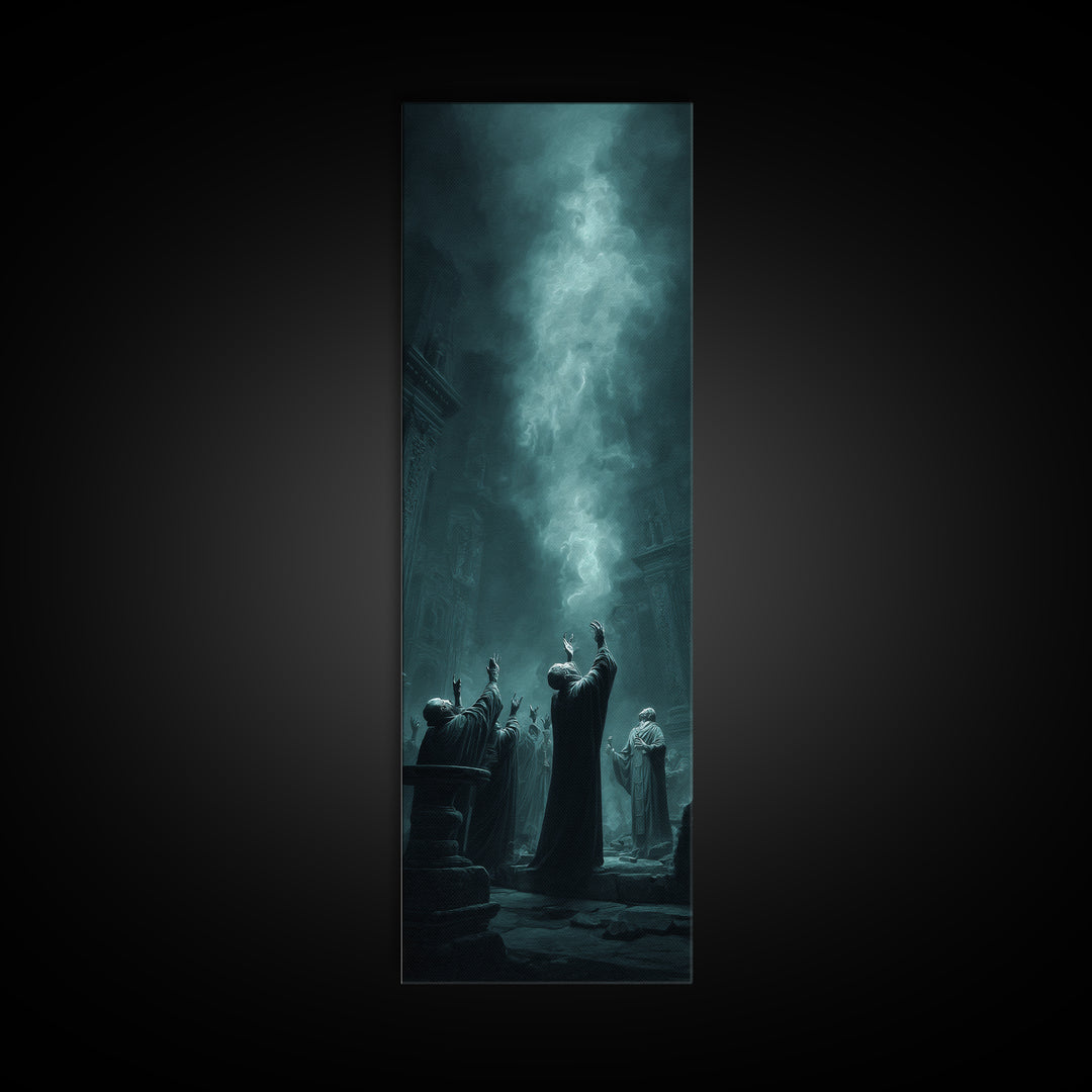 The Choir Of Deepwater Acolytes, Tall Narrow Wall Art, Lovecraftian Horror Art, Framed Canvas Print, Halloween Wall Decor, Gothic Home Decor