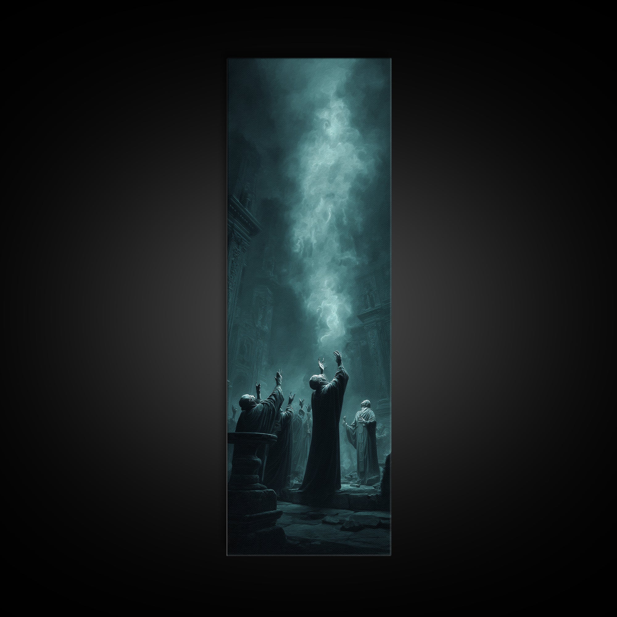 The Choir Of Deepwater Acolytes, Tall Narrow Wall Art, Lovecraftian Horror Art, Framed Canvas Print, Halloween Wall Decor, Gothic Home Decor
