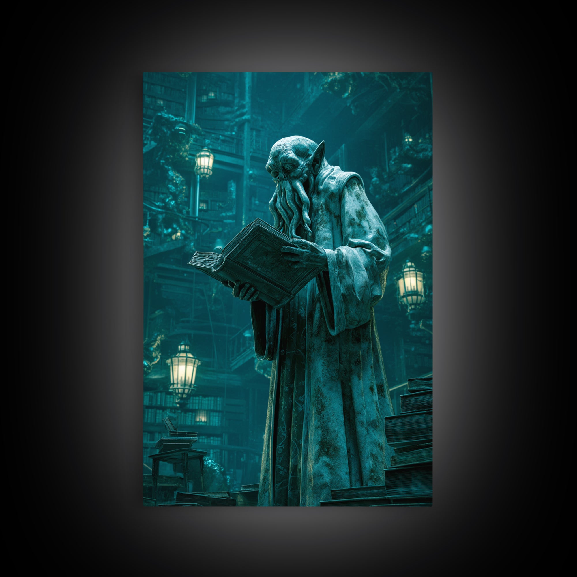 The Librarian Of Forbidden Tides, Vertical Wall Art, Gothic Horror Wall Art, Framed Canvas Print, Halloween Wall Decor, Gothic Home Decor