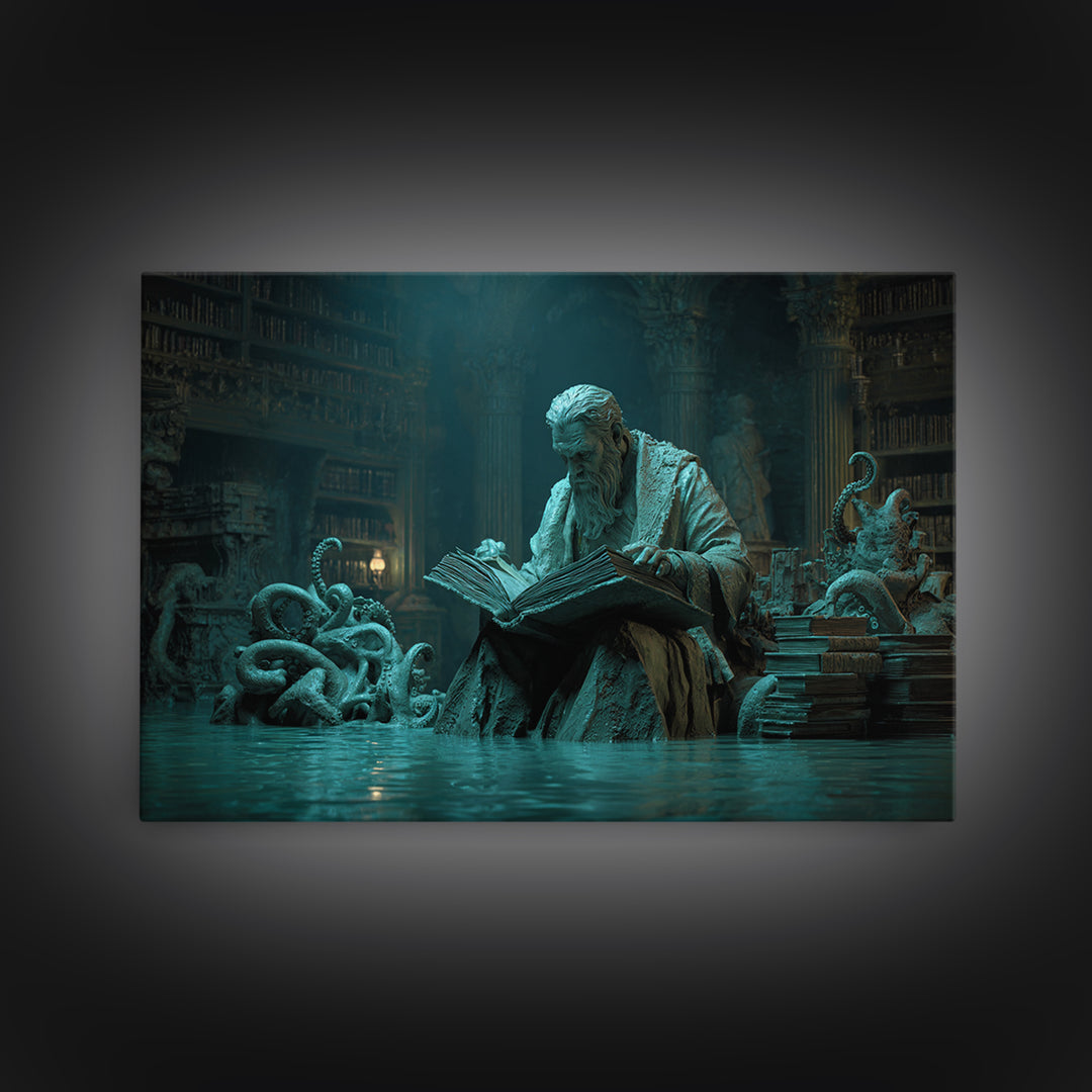 The Librarian Of Forbidden Tides, Landscape Wall Art, Lovecraftian Horror Art, Framed Canvas Print, Halloween Wall Decor, Gothic Home Decor