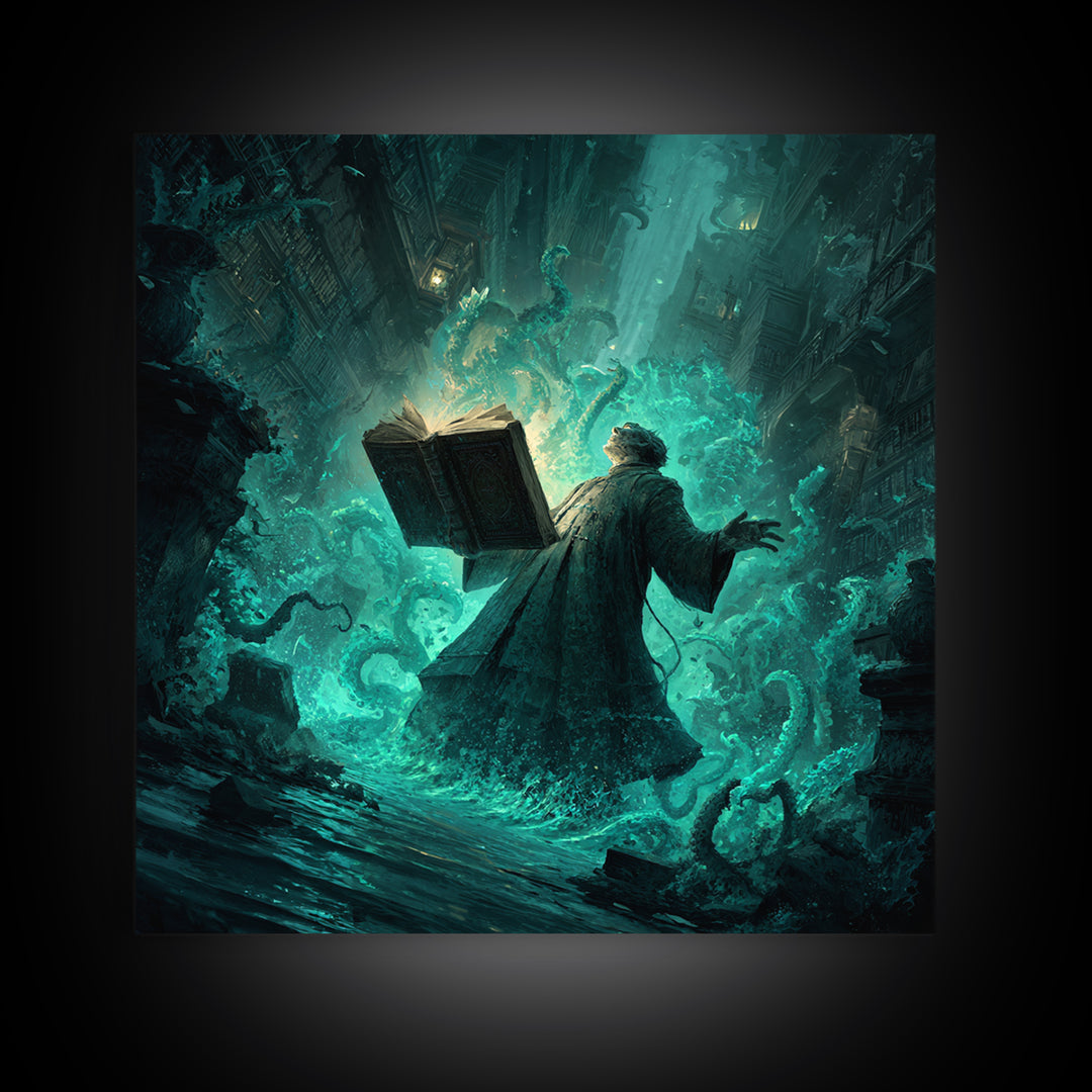 The Librarian Of Forbidden Tides, Square Wall Art, Gothic Horror Wall Art, Framed Canvas Print, Halloween Wall Decor, Gothic Home Decor
