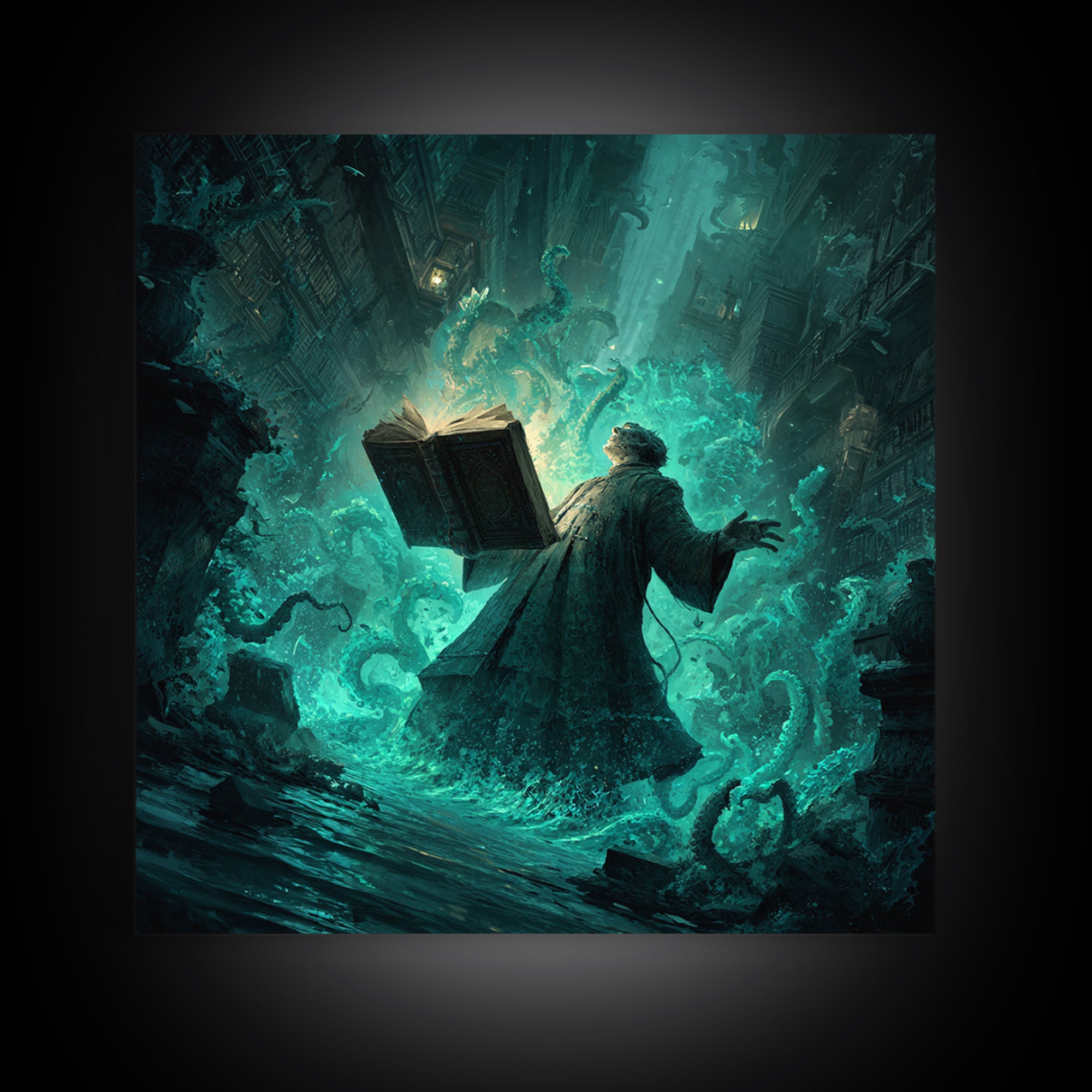 The Librarian Of Forbidden Tides, Square Wall Art, Gothic Horror Wall Art, Framed Canvas Print, Halloween Wall Decor, Gothic Home Decor