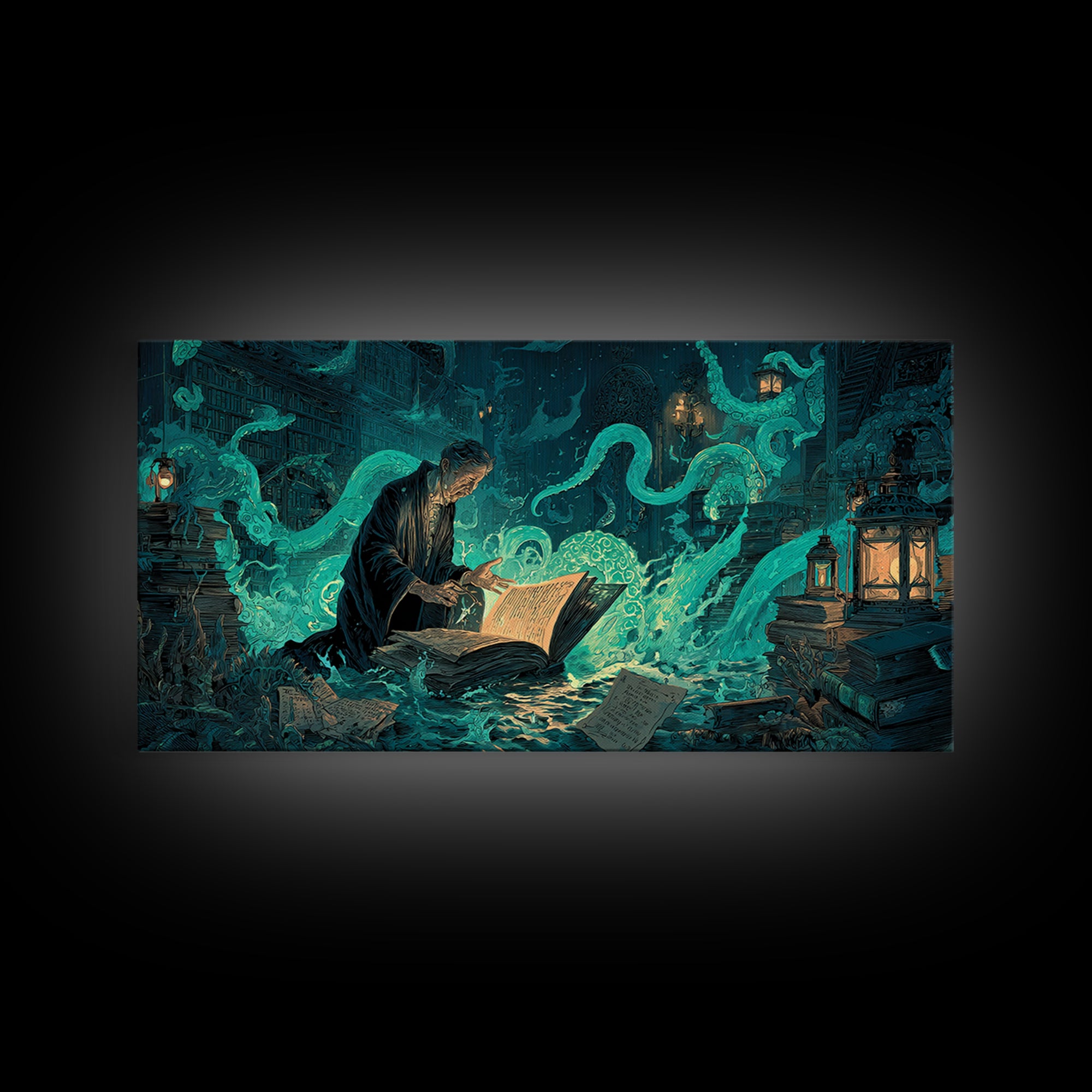 The Librarian Of Forbidden Tides, Wide Panoramic Art, Lovecraftian Horror Art, Canvas Print, Halloween Wall Decor, Gothic Home Decor