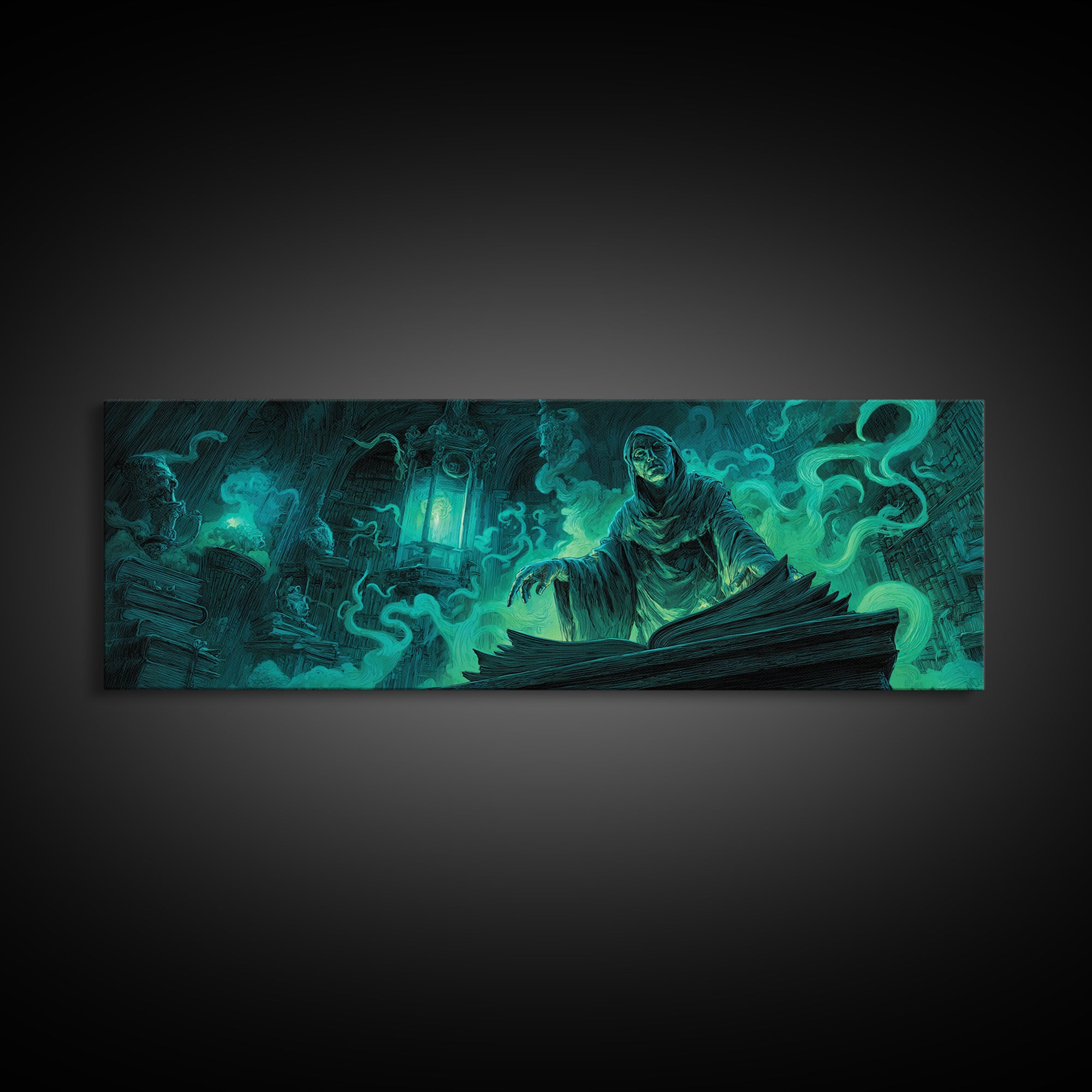 The Librarian Of Forbidden Tides, Extra Wide Wall Art, Cosmic Horror Wall Art, Canvas Print, Halloween Wall Decor, Gothic Home Decor