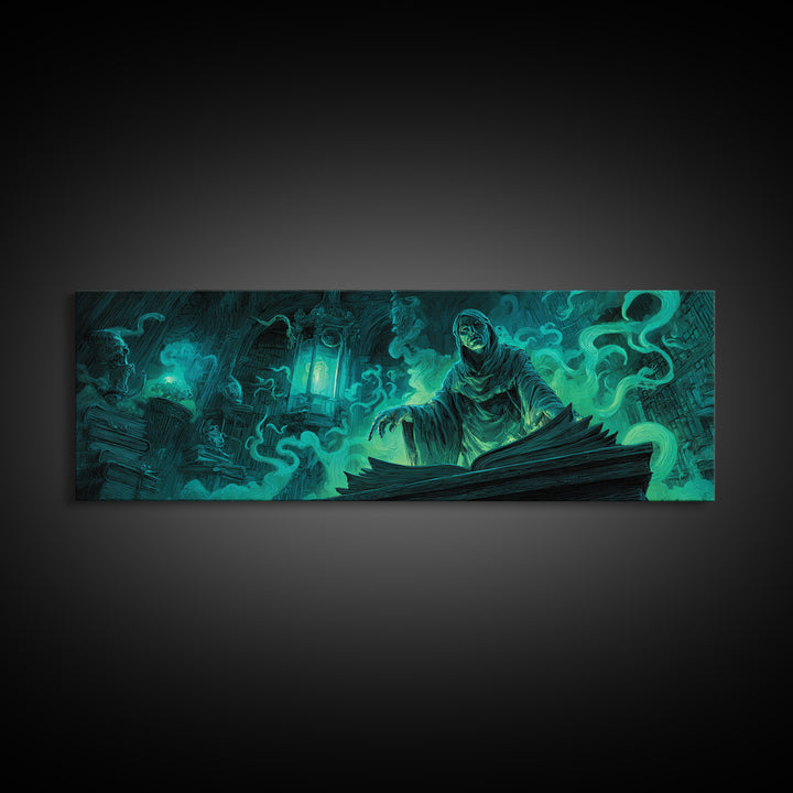 The Librarian Of Forbidden Tides, Extra Wide Wall Art, Cosmic Horror Wall Art, Canvas Print, Halloween Wall Decor, Gothic Home Decor