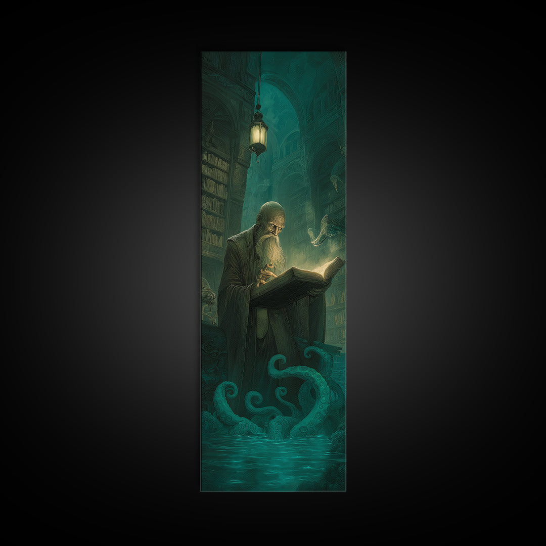 The Librarian Of Forbidden Tides, Tall Narrow Wall Art, Dark Fantasy Wall Art, Framed Canvas Print, Halloween Wall Decor, Gothic Home Decor