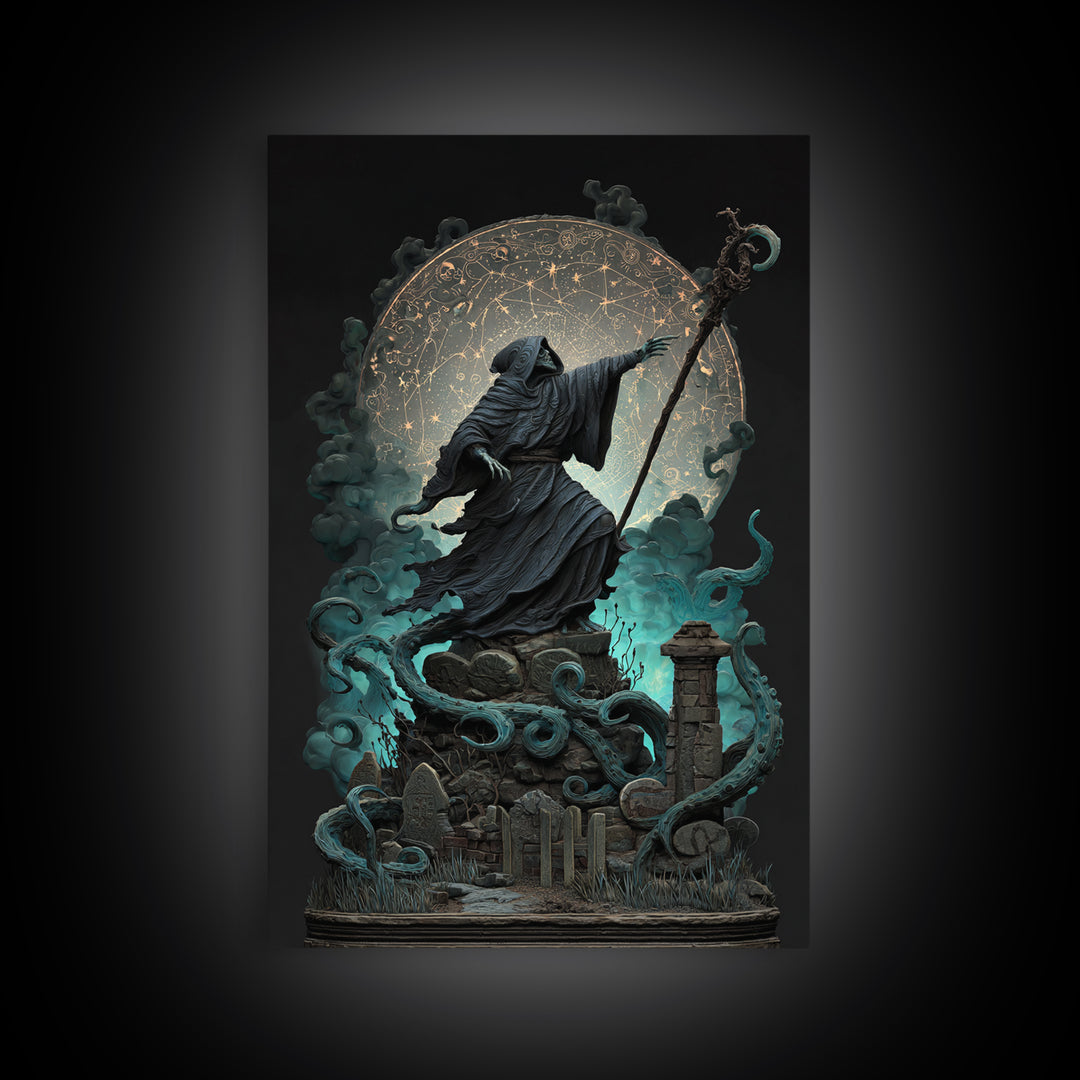 The Star-Seer Of Black Dunwich, Vertical Wall Art, Dark Halloween Decor, Framed Canvas Print, Halloween Wall Decor, Gothic Home Decor