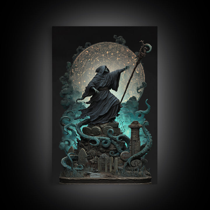 The Star-Seer Of Black Dunwich, Vertical Wall Art, Dark Halloween Decor, Framed Canvas Print, Halloween Wall Decor, Gothic Home Decor