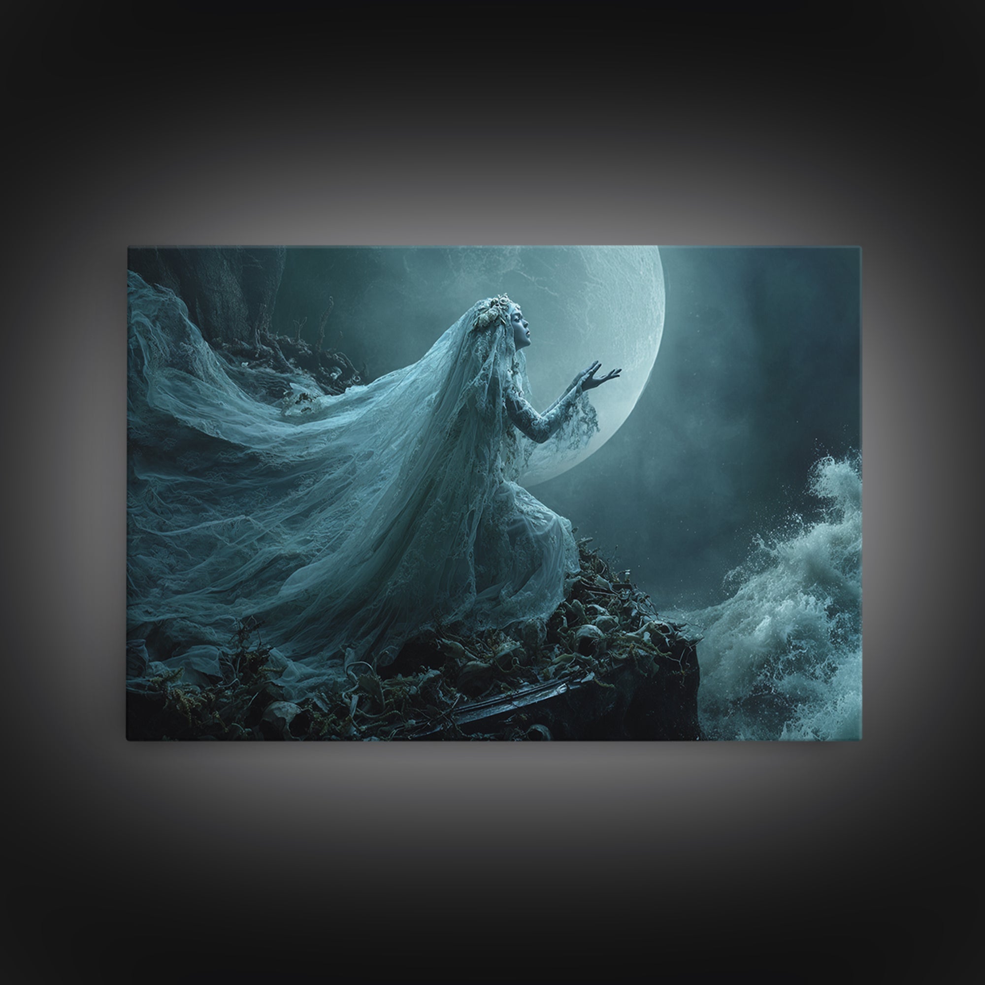 The Bride Of The Abyssal Moon, Landscape Wall Art, Lovecraftian Horror Art, Framed Canvas Print, Halloween Wall Decor, Gothic Home Decor
