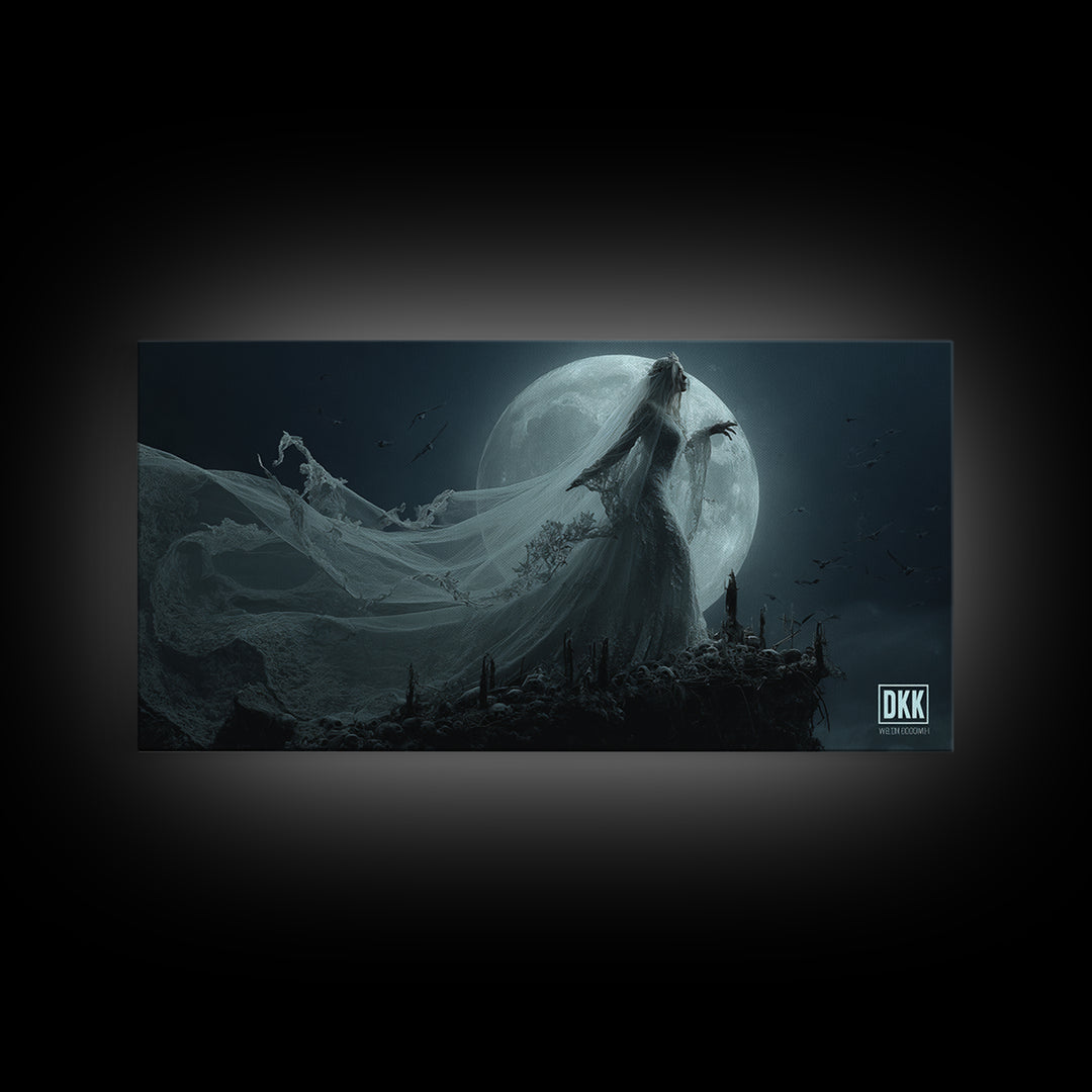 The Bride Of The Abyssal Moon, Wide Panoramic Art, Spooky Home Decor, Canvas Print, Halloween Wall Decor, Gothic Home Decor, Halloween Decor