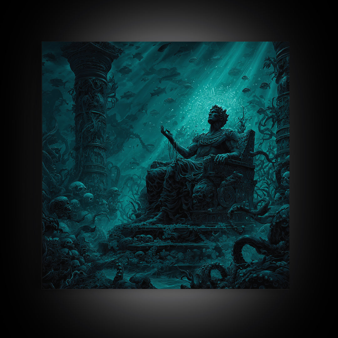 The Watcher In The Coral Throne, Square Wall Art, Lovecraftian Horror Art, Framed Canvas Print, Halloween Wall Decor, Gothic Home Decor