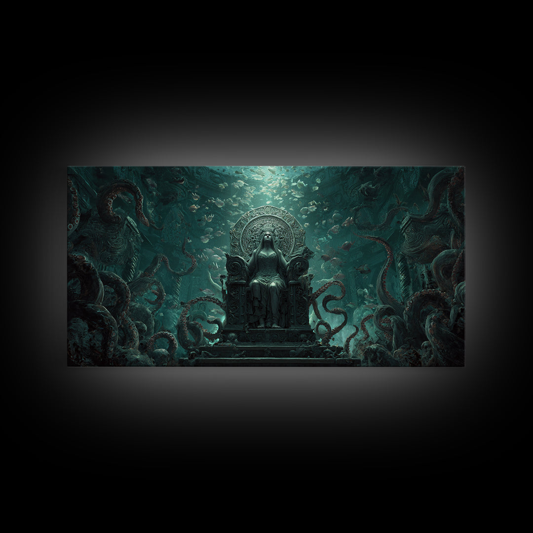 The Watcher In The Coral Throne, Wide Panoramic Art, Lovecraftian Horror Art, Framed Canvas Print, Halloween Wall Decor, Gothic Home Decor