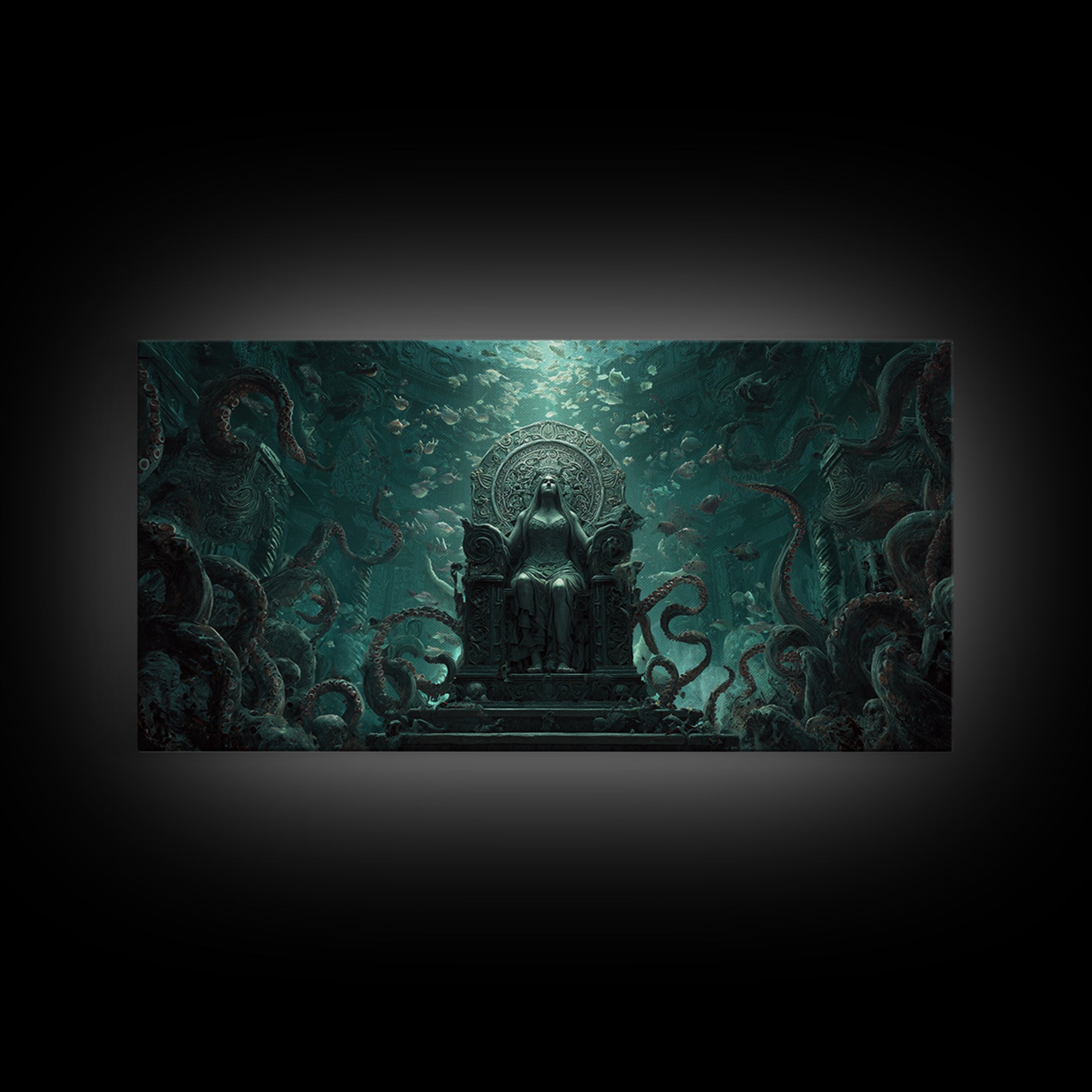 The Watcher In The Coral Throne, Wide Panoramic Art, Lovecraftian Horror Art, Framed Canvas Print, Halloween Wall Decor, Gothic Home Decor