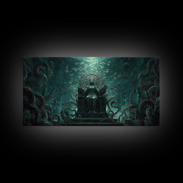 The Watcher In The Coral Throne, Wide Panoramic Art, Lovecraftian Horror Art, Framed Canvas Print, Halloween Wall Decor, Gothic Home Decor