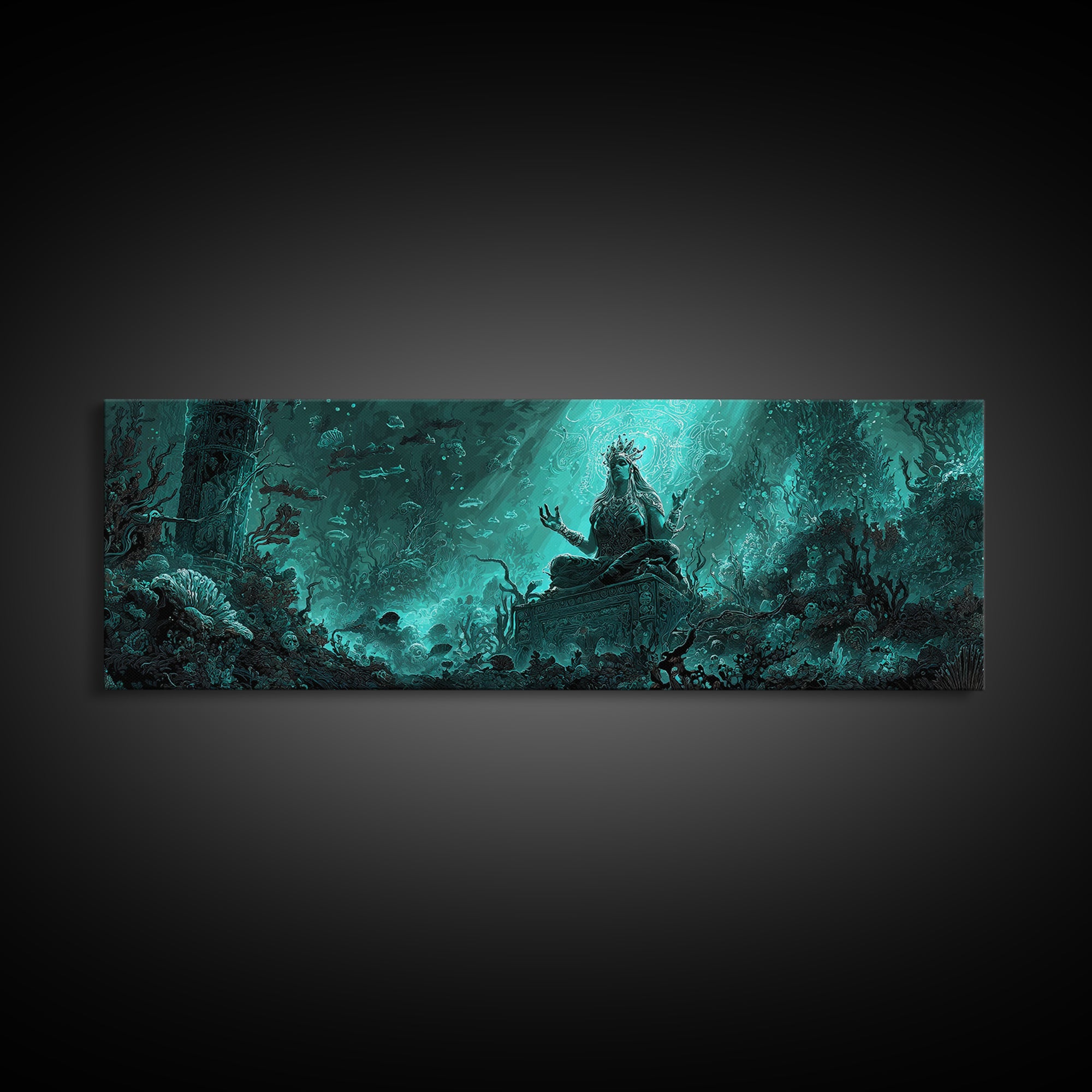 The Watcher In The Coral Throne, Extra Wide Wall Art, Cosmic Horror Wall Art, Framed Canvas Print, Halloween Wall Decor, Gothic Home Decor