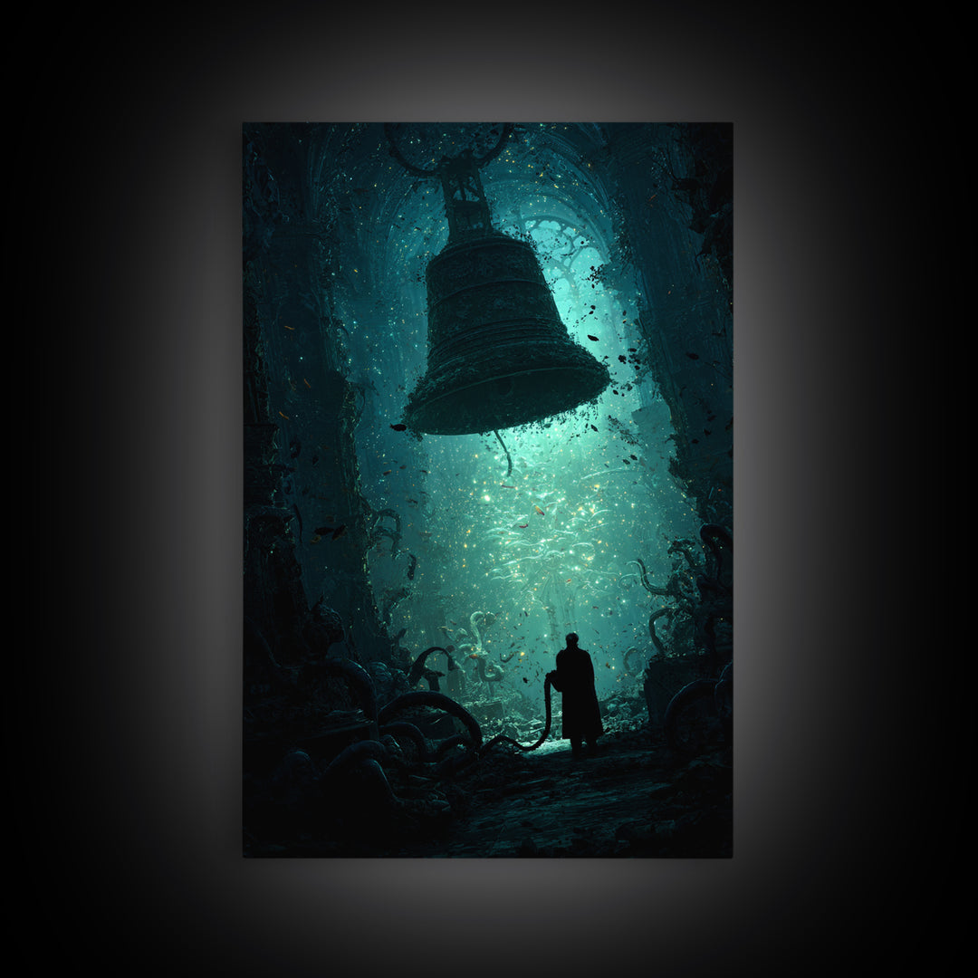 The Bellringer Of The Sunken Cathedral, Vertical Wall Art, Lovecraftian Horror Art, Framed Canvas Print, Halloween Wall Decor