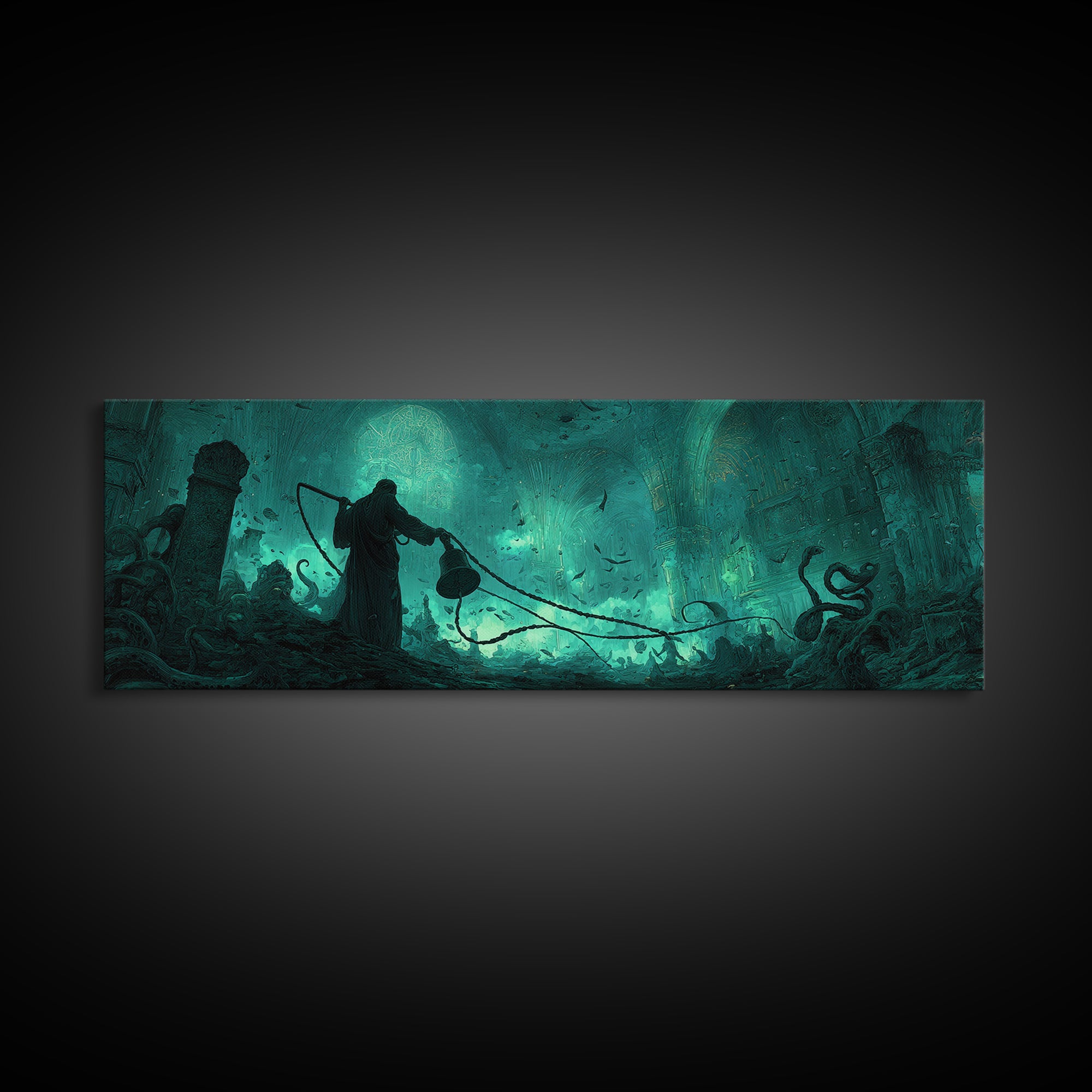 The Bellringer Of The Sunken Cathedral, Extra Wide Wall Art, Haunted Gothic Art, Framed Canvas Print, Halloween Wall Decor, Horror Wall Art