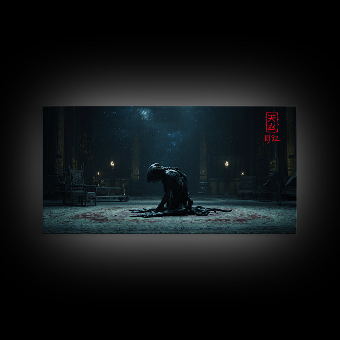 The Crawler Beneath The Floor Of Stars, Wide Panoramic Art, Eldritch Gothic Decor, Framed Canvas Print, Halloween Wall Decor