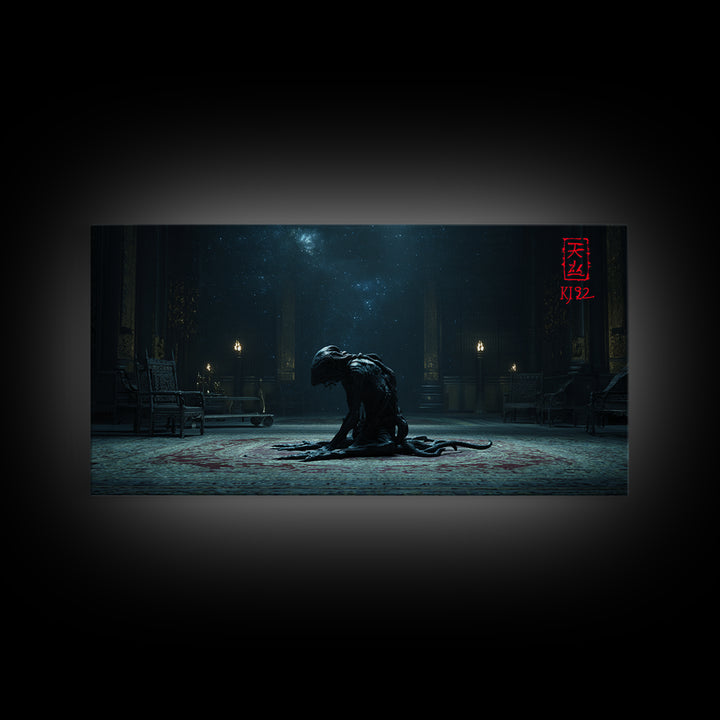 The Crawler Beneath The Floor Of Stars, Wide Panoramic Art, Eldritch Gothic Decor, Framed Canvas Print, Halloween Wall Decor