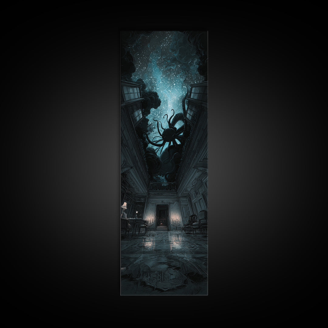 The Crawler Beneath The Floor Of Stars, Tall Narrow Wall Art, Spooky Home Decor, Framed Canvas Print, Halloween Wall Decor