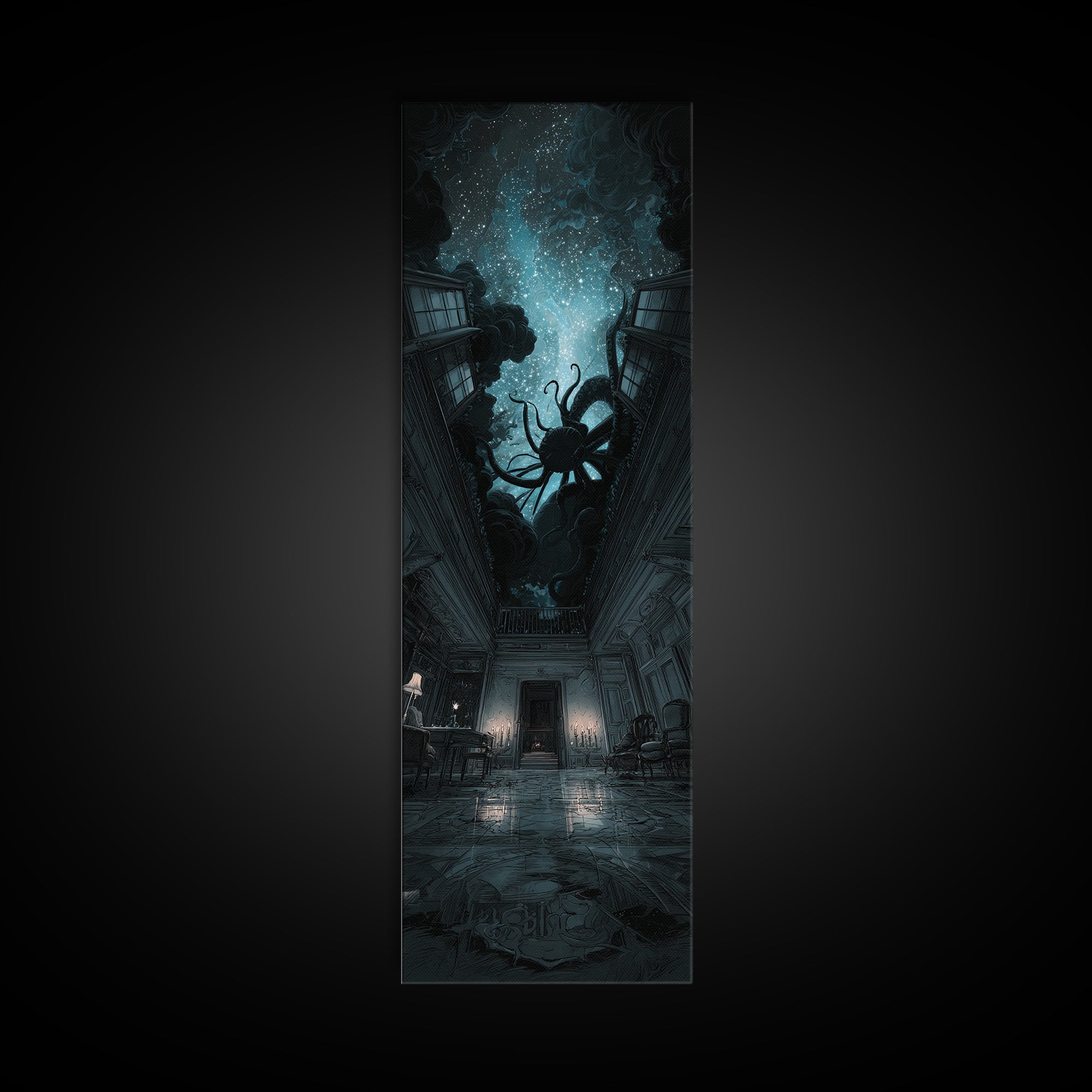 The Crawler Beneath The Floor Of Stars, Tall Narrow Wall Art, Spooky Home Decor, Framed Canvas Print, Halloween Wall Decor
