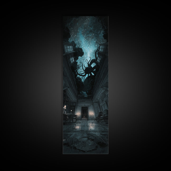 The Crawler Beneath The Floor Of Stars, Tall Narrow Wall Art, Spooky Home Decor, Framed Canvas Print, Halloween Wall Decor