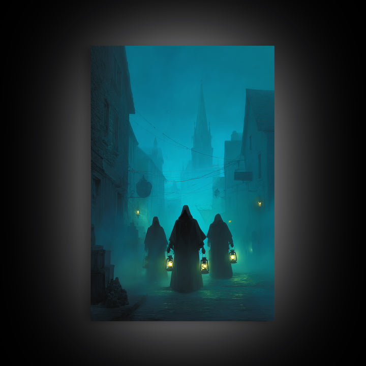 The Innsmouth Lantern Procession, Vertical Wall Art, Spooky Home Decor, Framed Canvas Print, Halloween Wall Decor, Gothic Home Decor