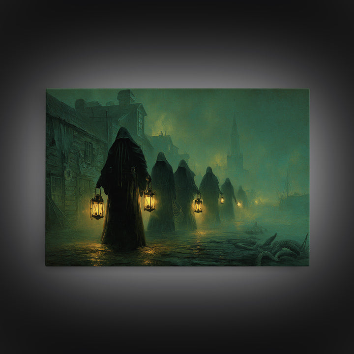 The Innsmouth Lantern Procession, Landscape Wall Art, Macabre Wall Art, Canvas Print, Halloween Wall Decor, Gothic Home Decor