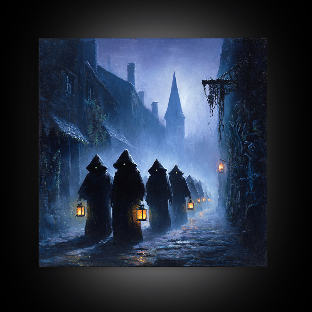 The Innsmouth Lantern Procession, Square Wall Art, Gothic Horror Wall Art, Framed Canvas Print, Halloween Wall Decor, Gothic Home Decor