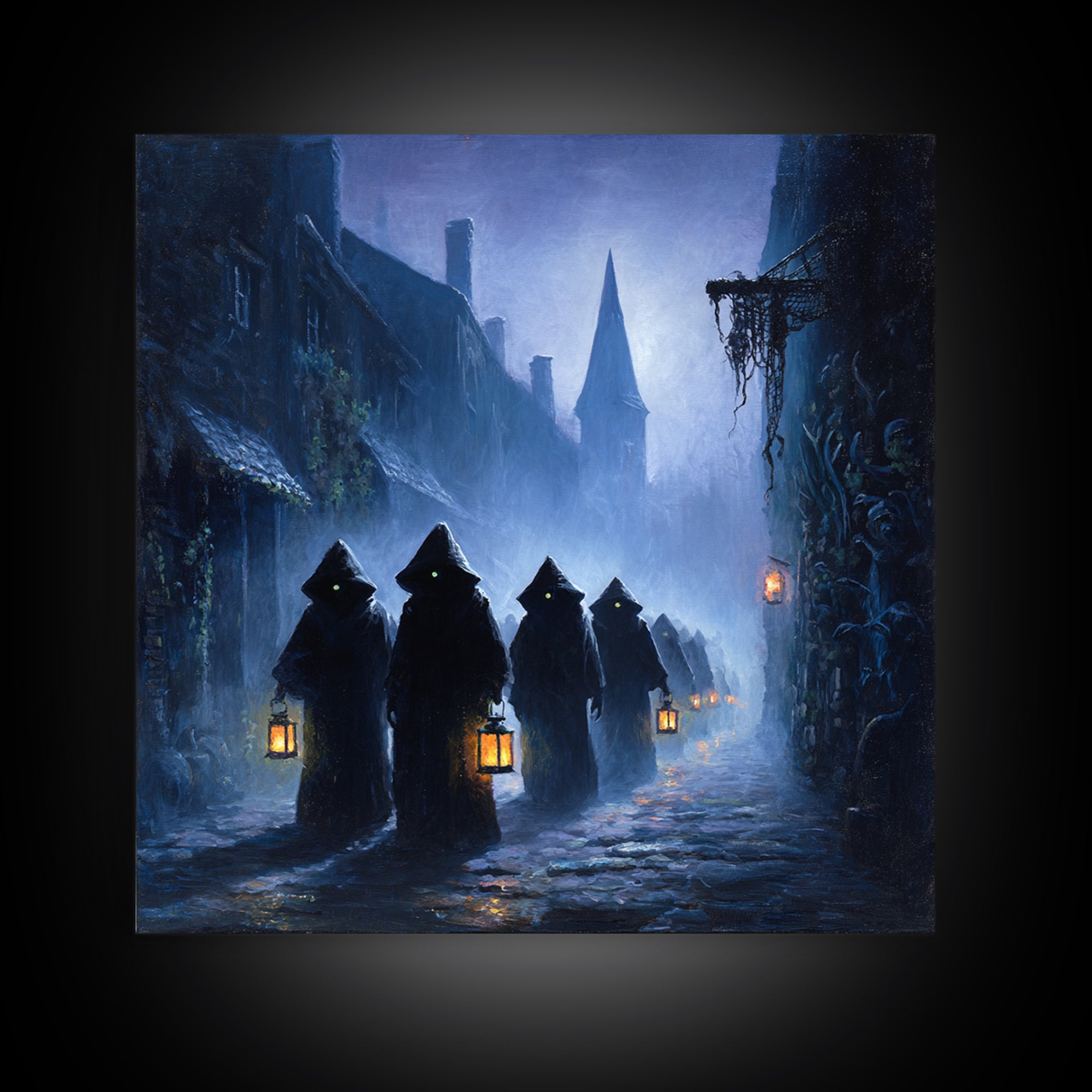 The Innsmouth Lantern Procession, Square Wall Art, Gothic Horror Wall Art, Framed Canvas Print, Halloween Wall Decor, Gothic Home Decor